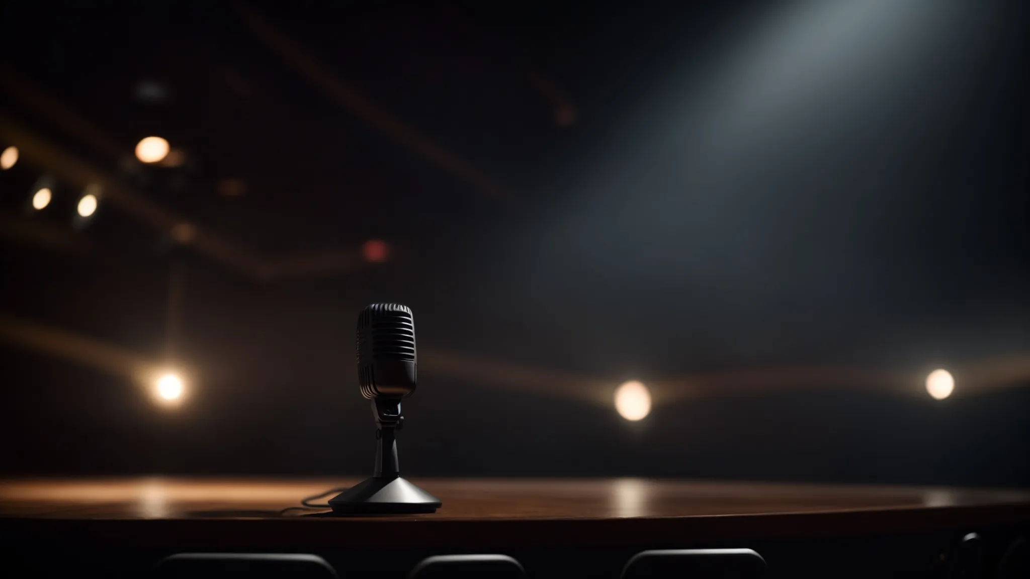 a microphone on an empty stage with a single spotlight illuminating it, symbolizing the unique voice of a brand in the digital marketing realm.