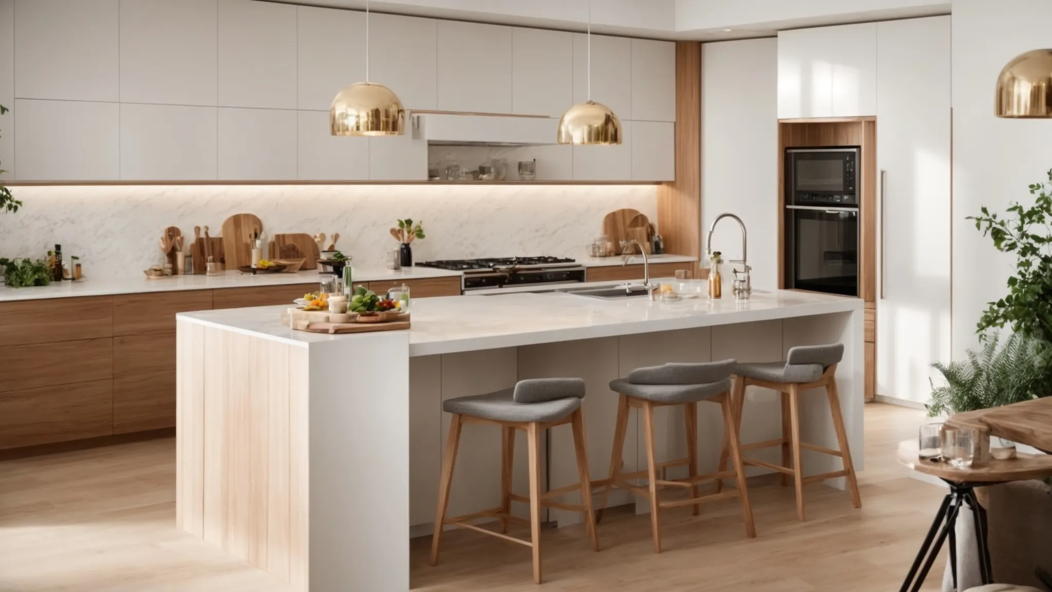 a modern kitchen island with built-in appliances and bar stools invites a casual gathering in a bright, spacious kitchen.