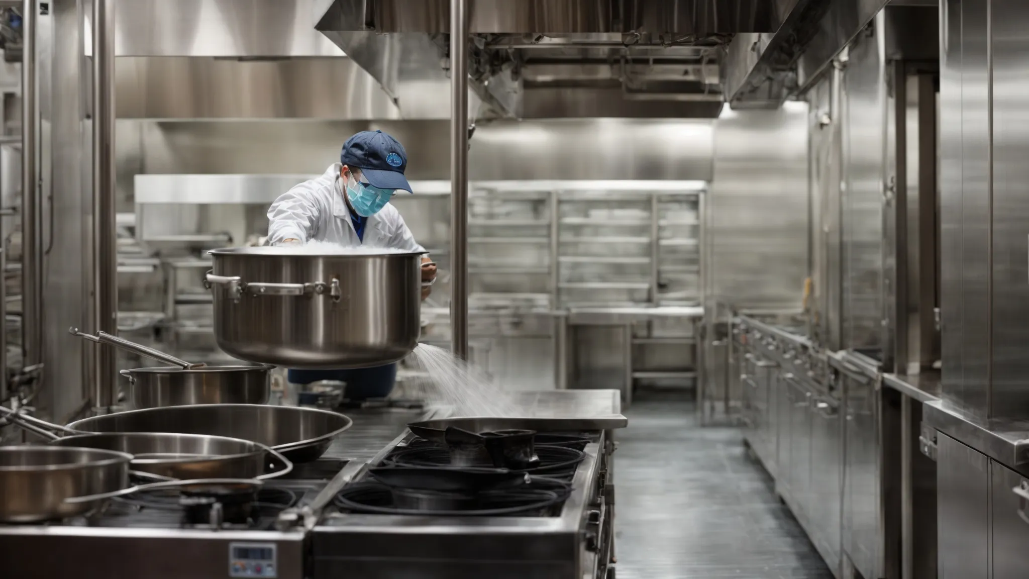 a professional cleaner power-washes the interior of a large, stainless steel commercial kitchen hood.