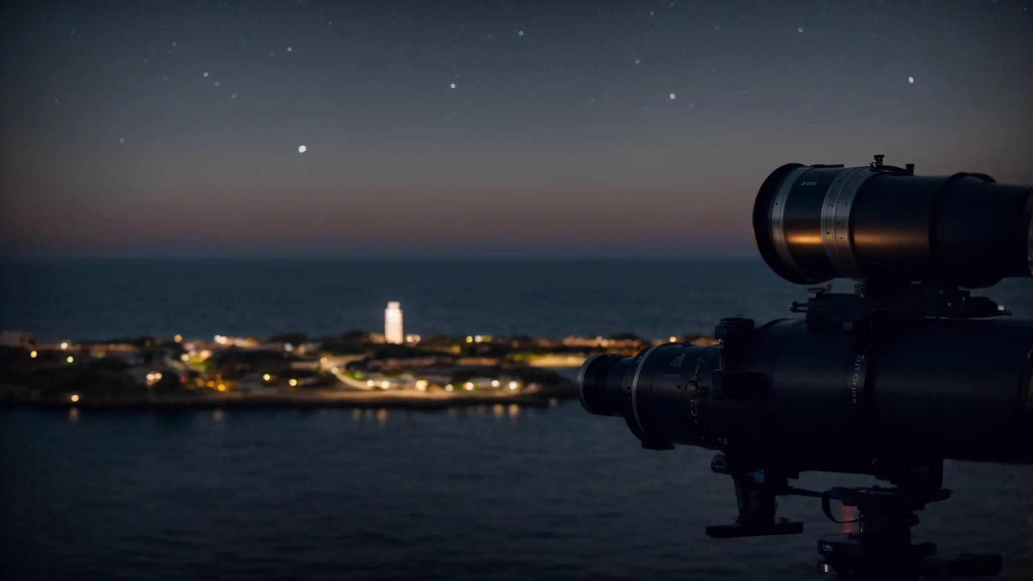 a telescope pointing towards a starry night sky above a calm sea.