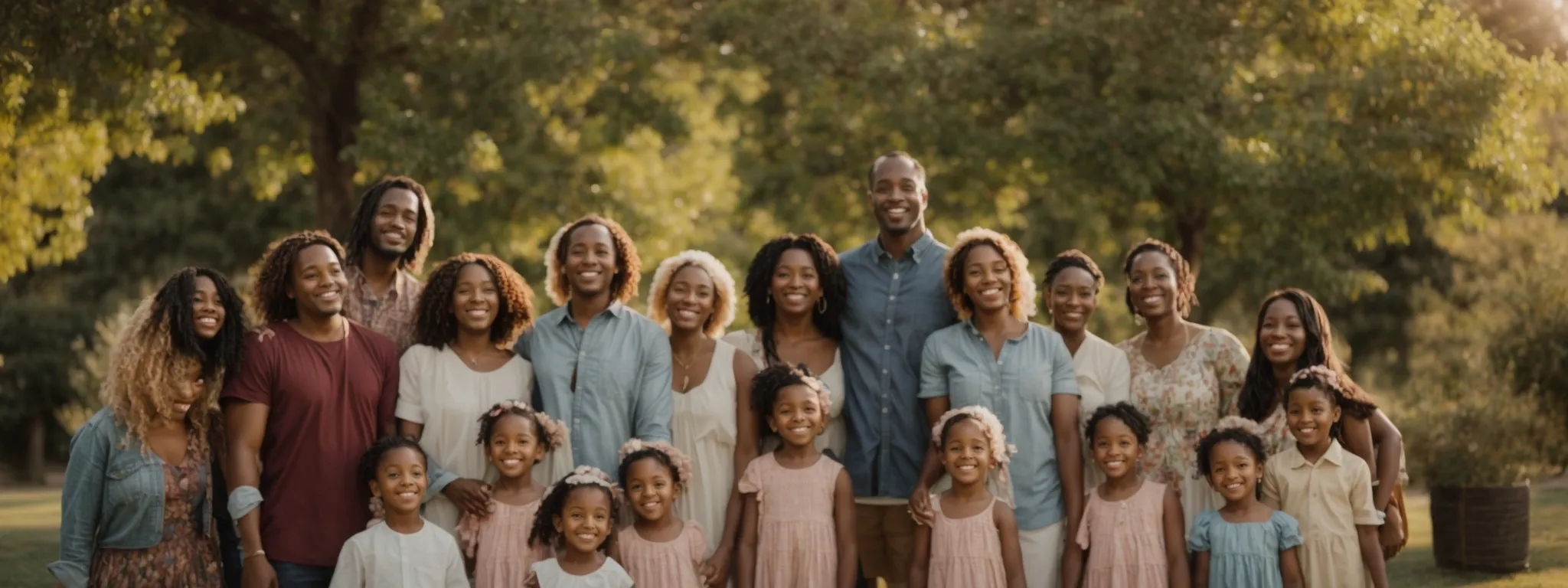 a diverse group of smiling families, each representing a unique adoption journey, gathers in a sunlit park.
