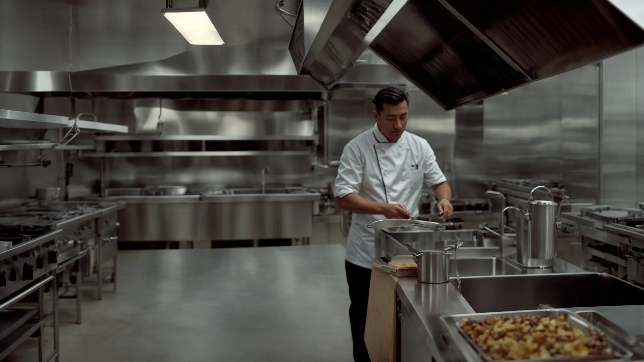 a professional in a commercial kitchen inspects a clean stainless steel hood.