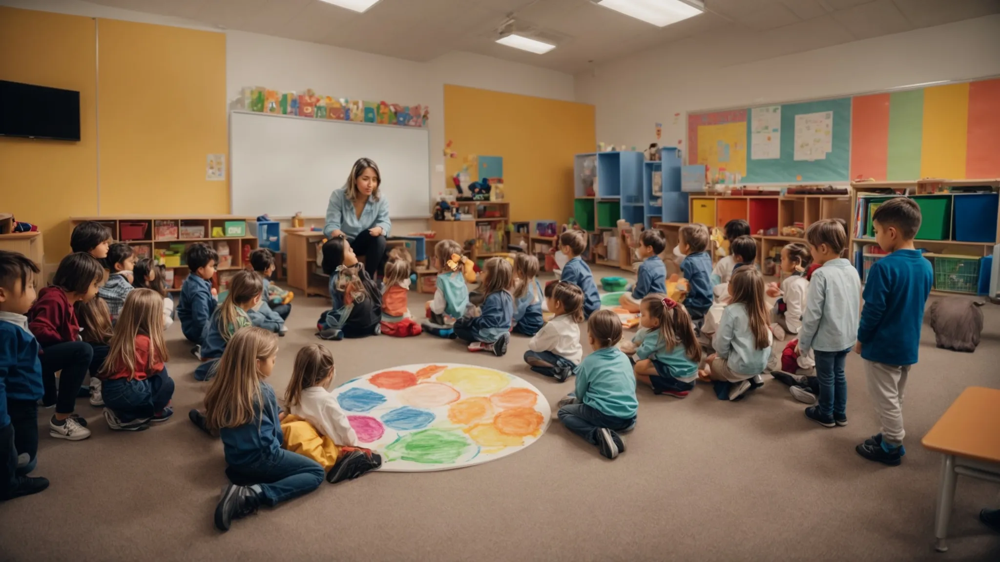 a teacher kneels beside a circle of kindergarteners who are using colors and drawings to describe how they feel.