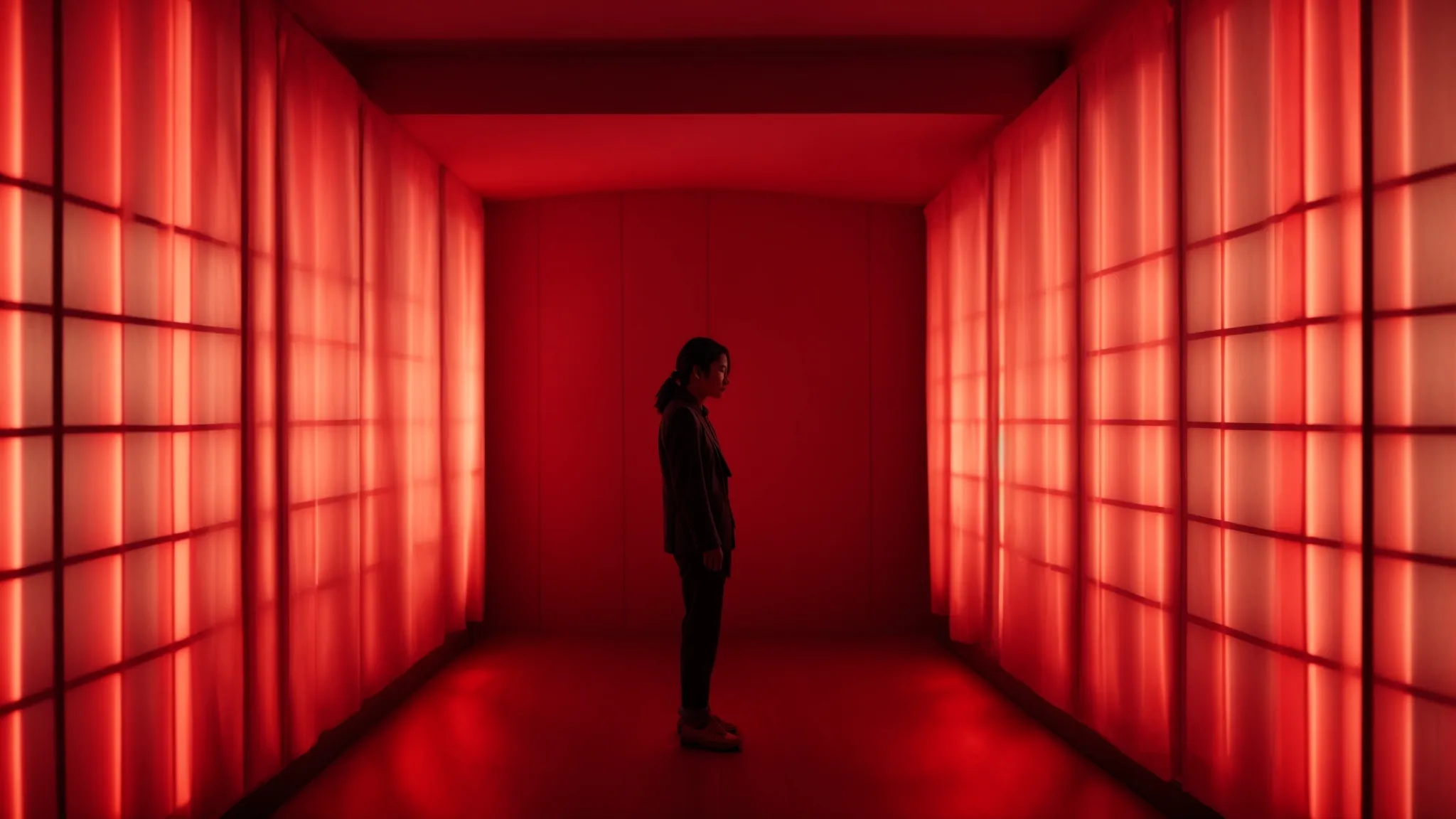 a person stands serenely in a dimly lit room, bathed in the glow from a red light therapy panel.