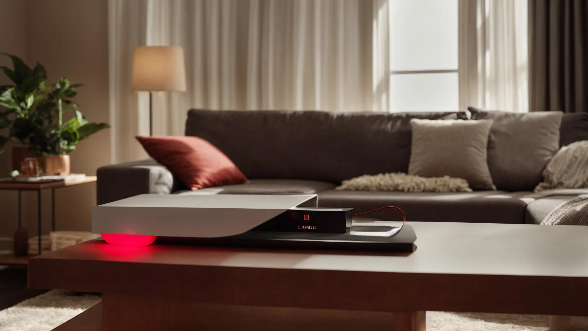 a sleek, modern red light therapy device sits on a living room coffee table, illustrating its use in a comfortable home setting.