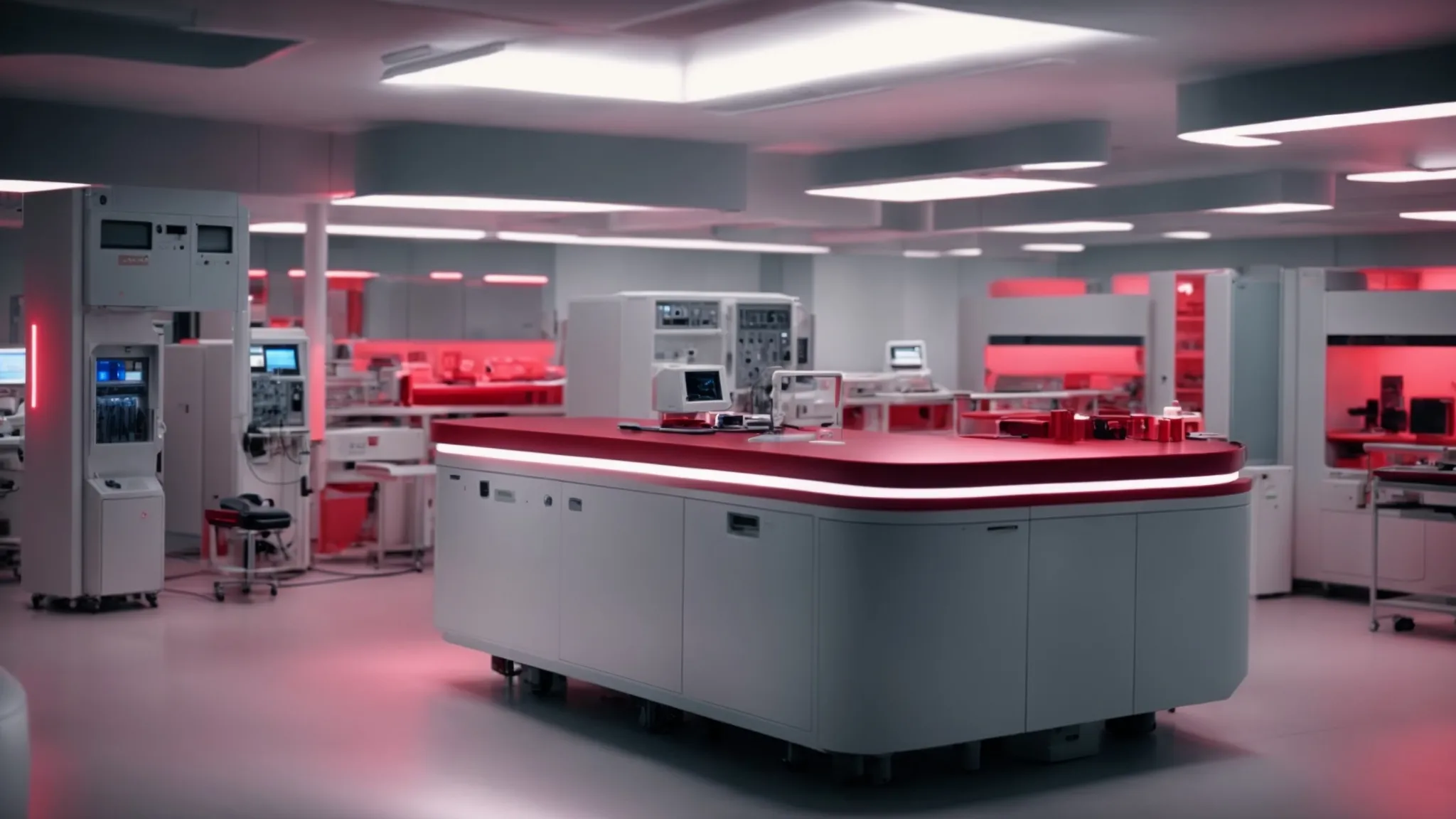 a spacious, futuristic laboratory in australia, glowing with the ambient light of red therapy devices illuminating the room.