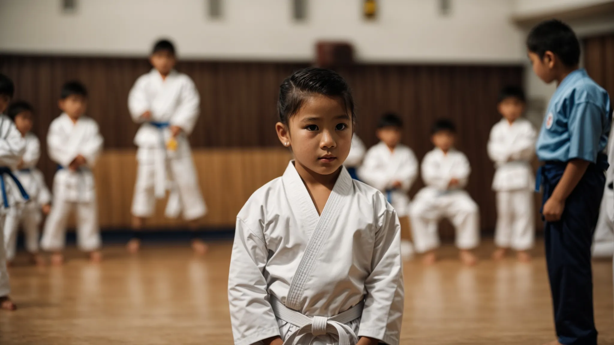 a child in a white karate uniform stands poised and focused in a dojo, eyes locked on their instructor.