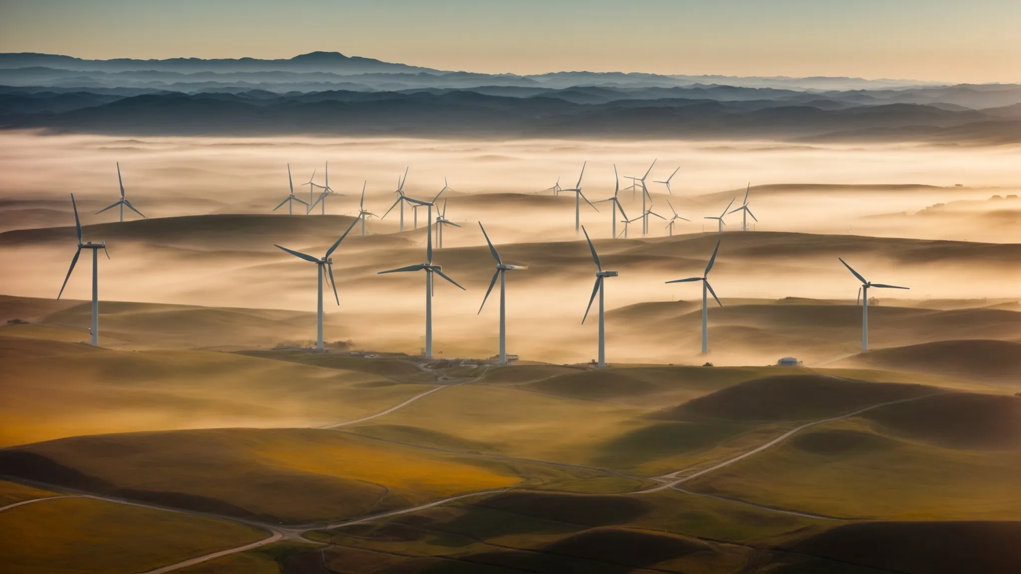 wind turbines and solar panels stretch across a landscape bathed in the early morning light, symbolizing a clean-energy future.