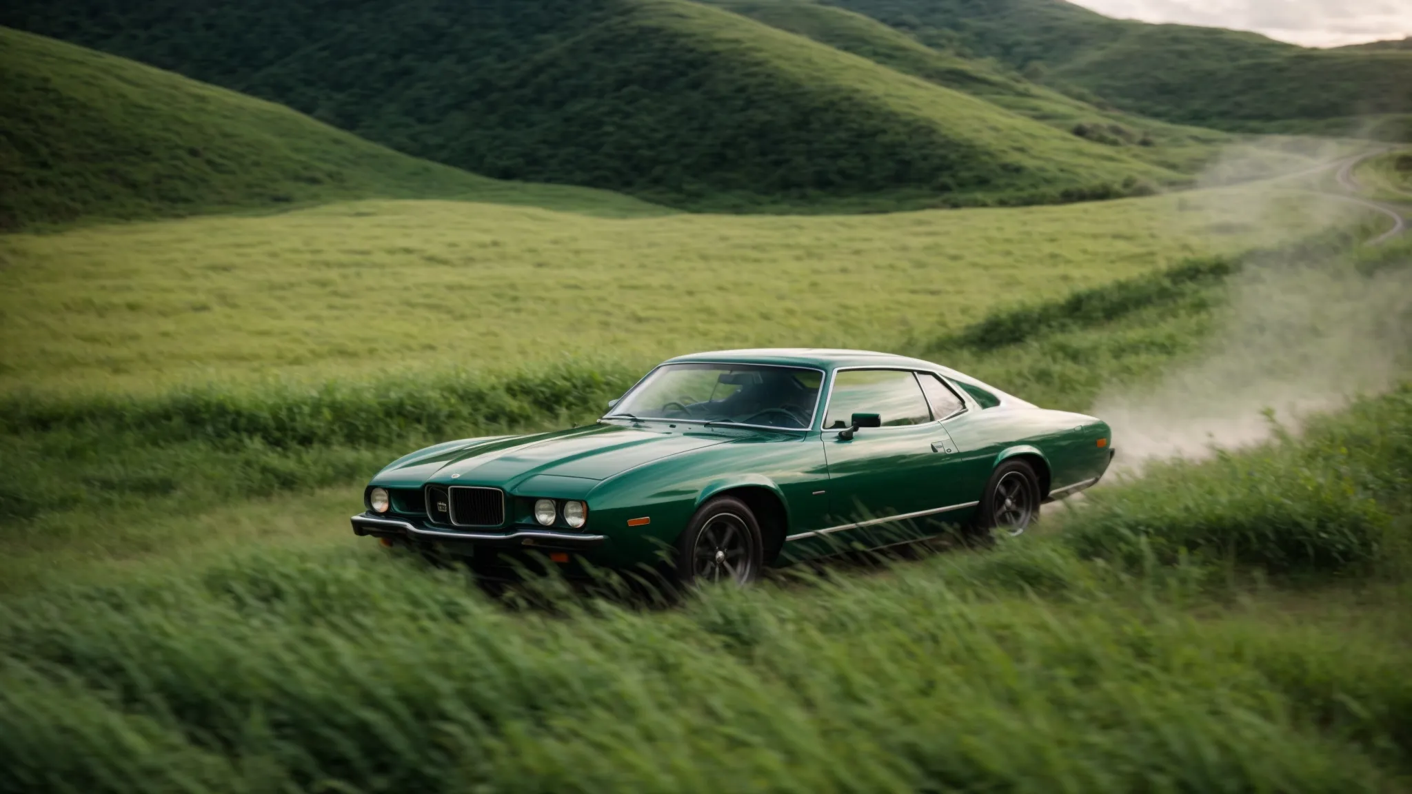 a car with a clear, laminated windshield drives through a lush green landscape.