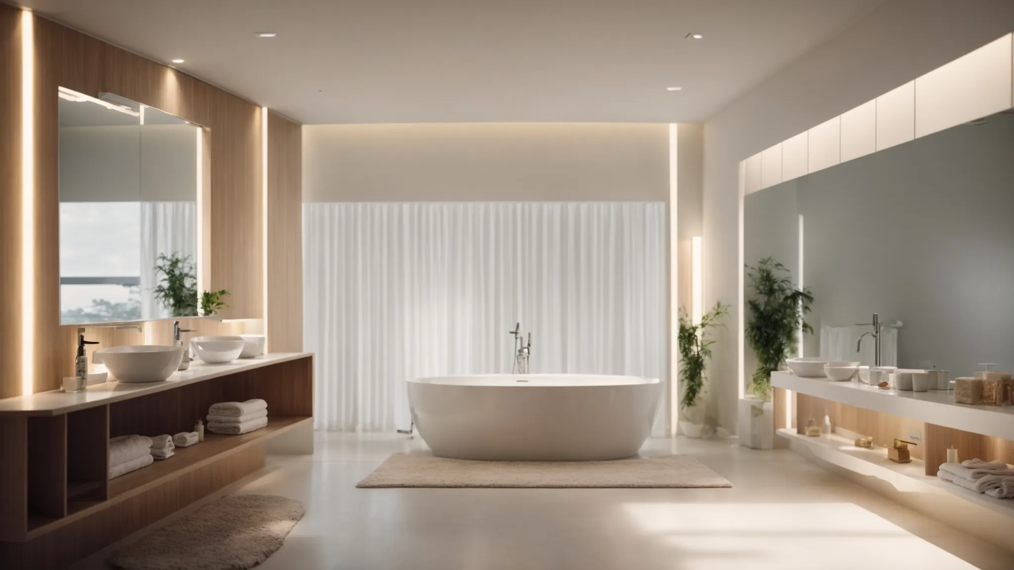 a spacious, modern bathroom bathed in the soft, uniform glow of overhead led lighting fixtures.