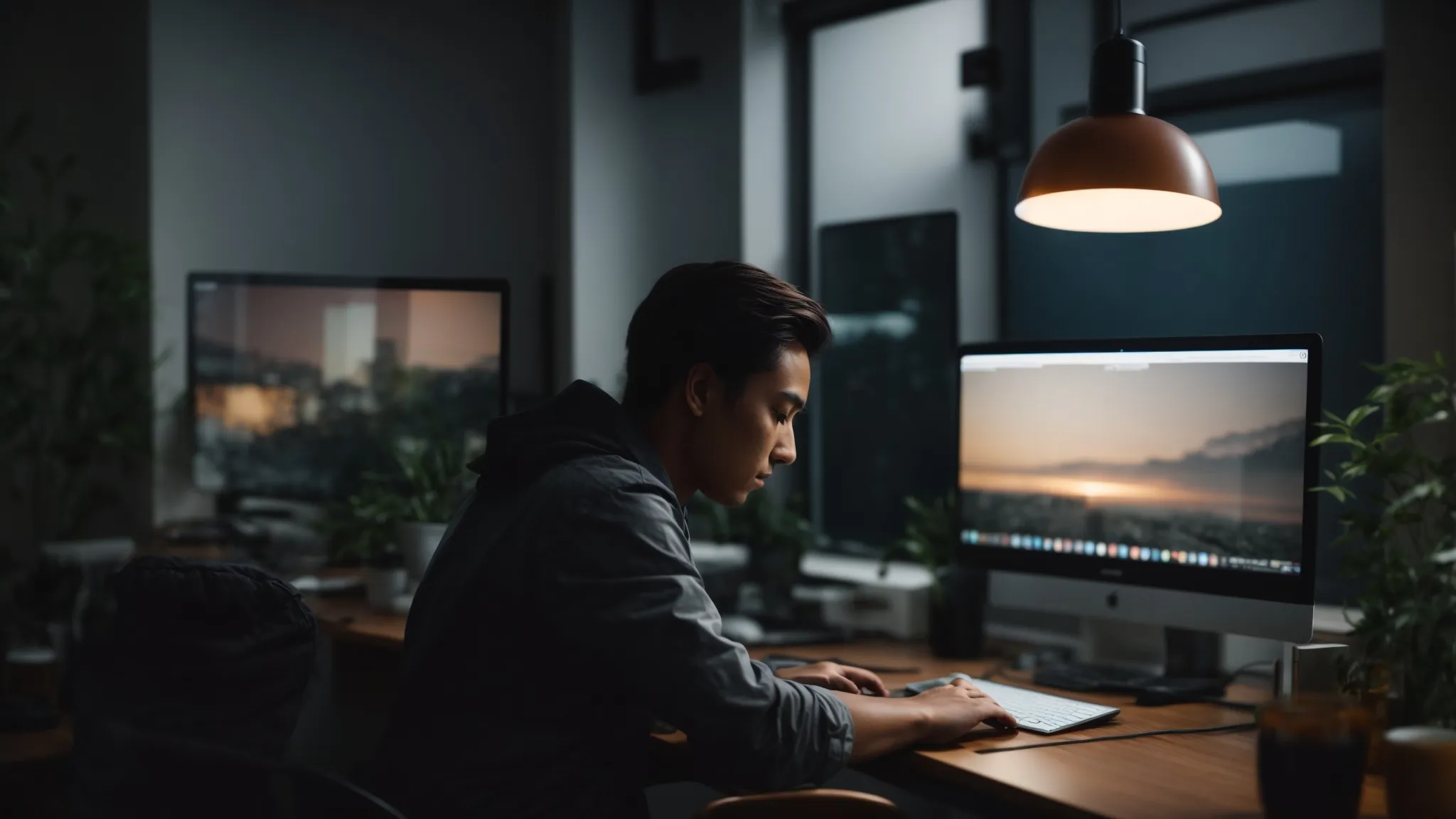 a person sits in front of a computer in a well-lit room, deeply focused on an open freelancing tutorial on the screen.