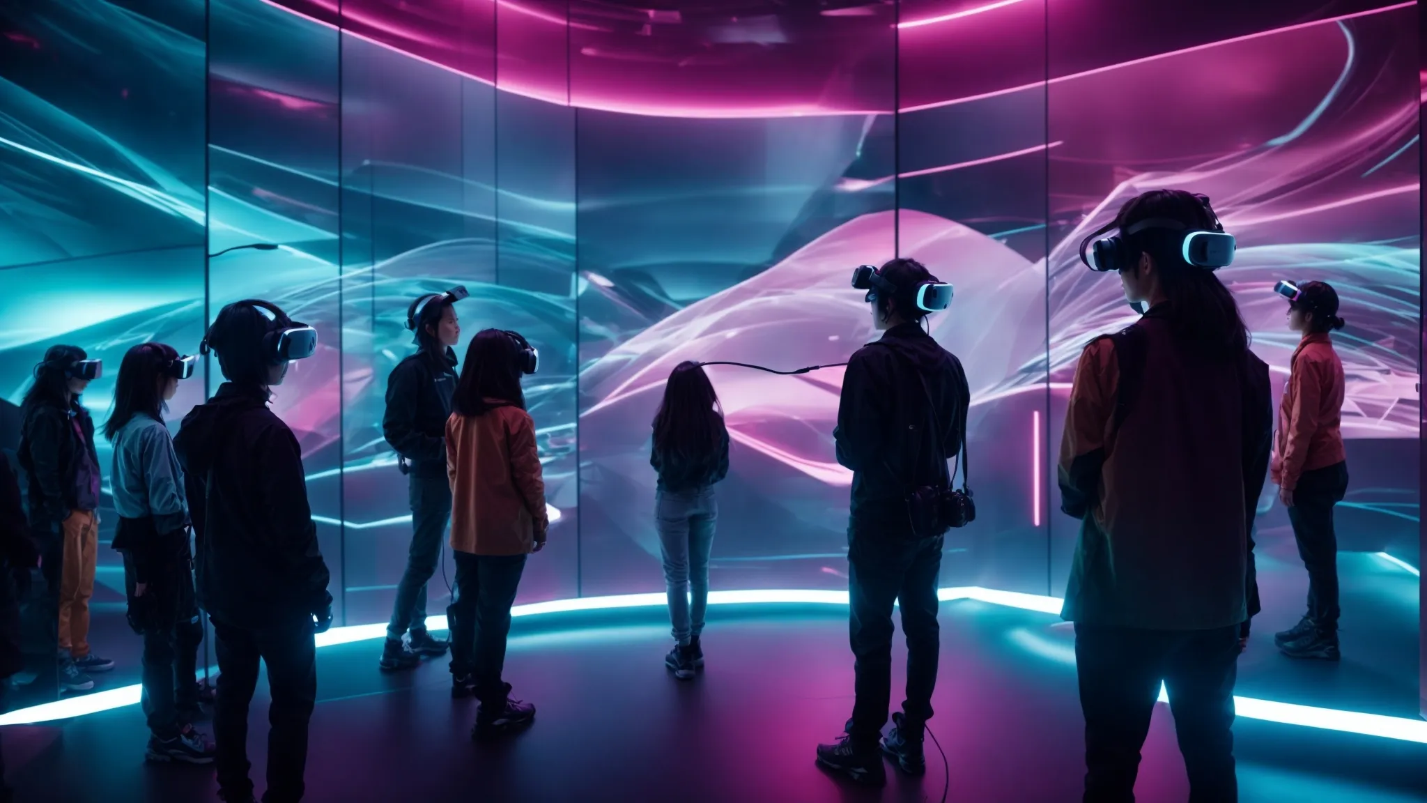 a futuristic room filled with glowing interactive displays and individuals wearing vr headsets, fully immersed in vivid, digital environments.