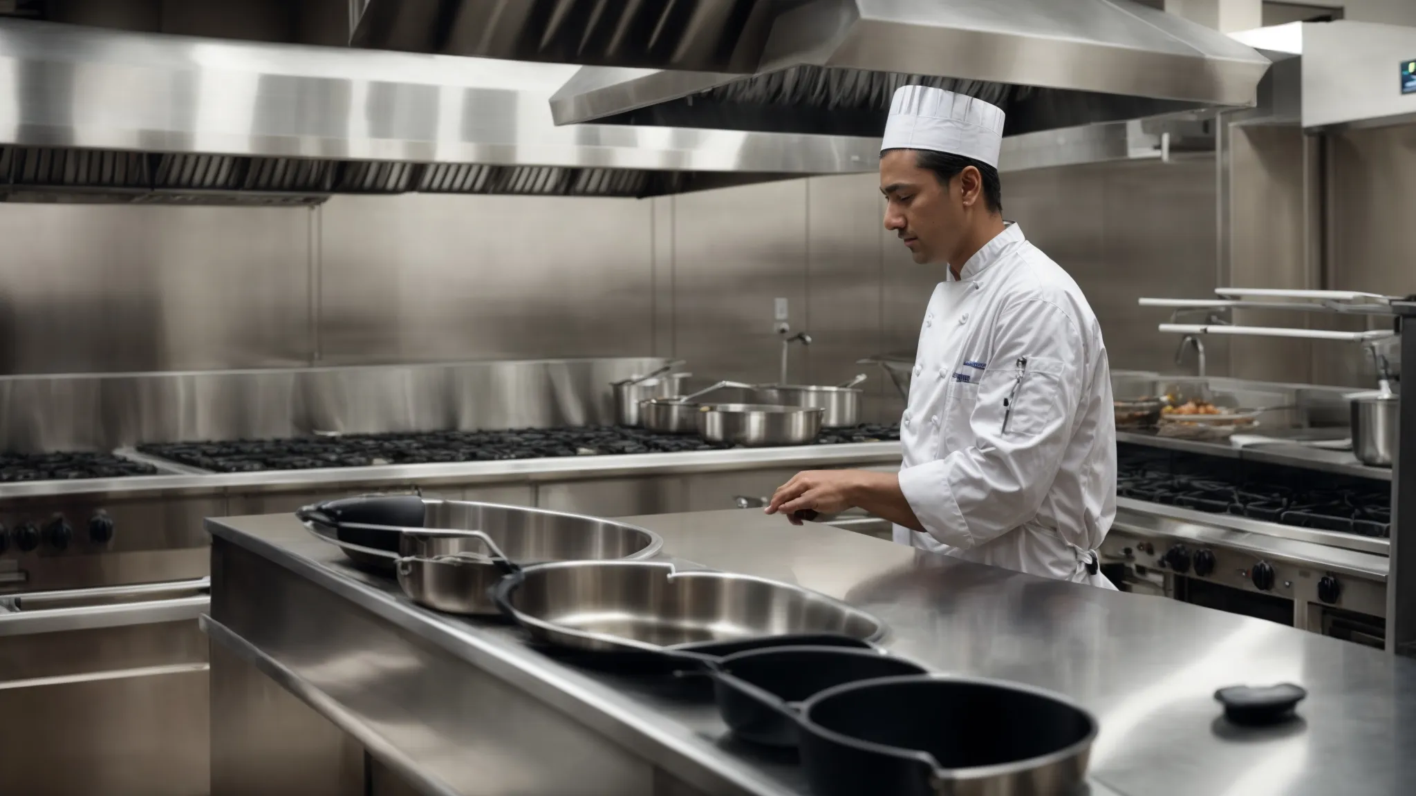 a professional chef inspects a clean, well-organized commercial kitchen with stainless steel appliances and a functioning exhaust hood.