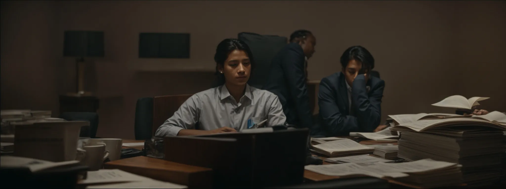 two individuals sit opposite each other at a large table, engrossed in a dense pile of documents, with a clock on the wall indicating the passage of time.