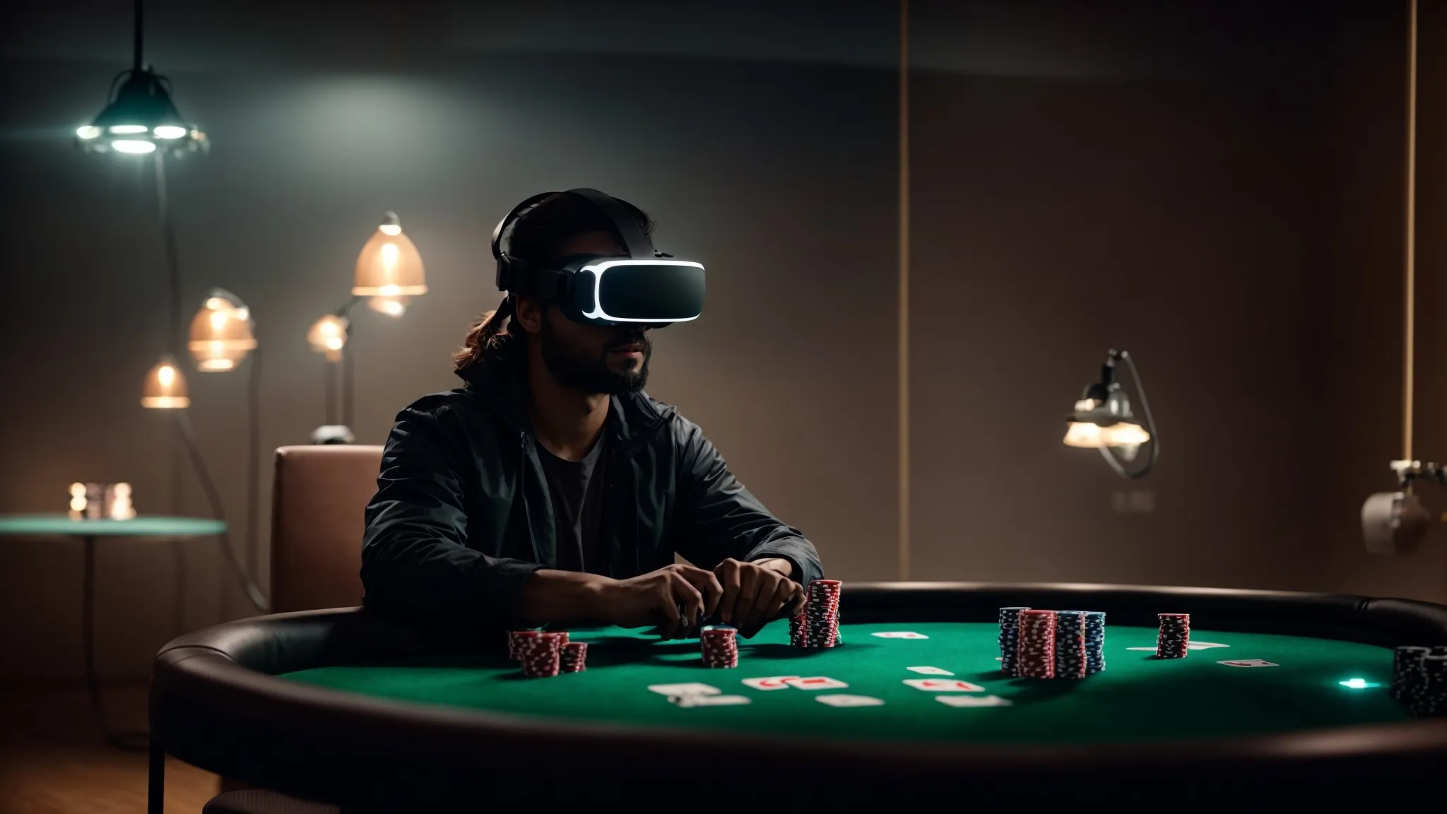 a person immersed in vr gear sits at a virtual poker table, with the glow of the screen illuminating an otherwise dim room.