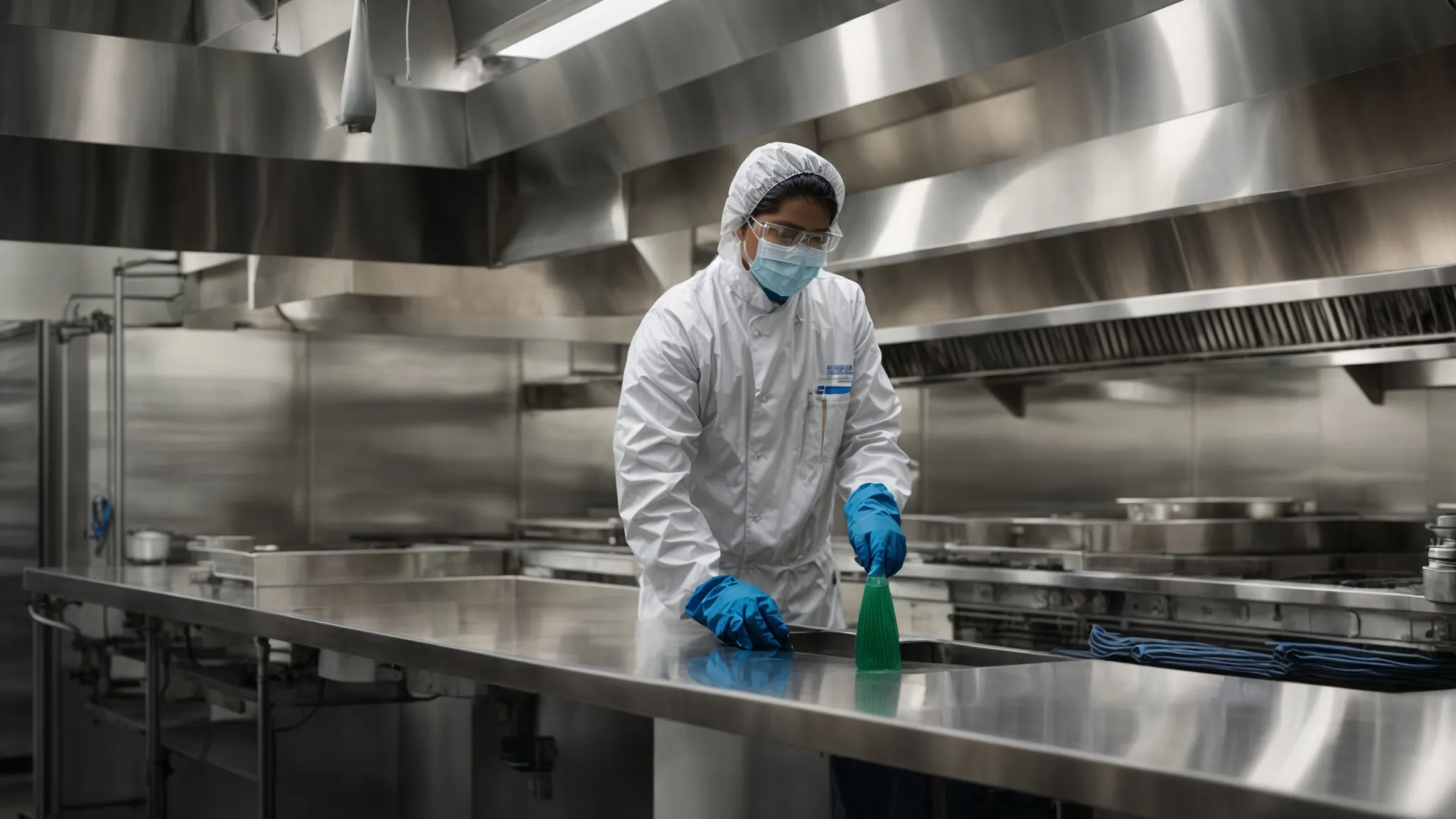 a professional cleaner, wearing a uniform and protective gear, uses specialized equipment to scrub and clean the interior of a large commercial kitchen hood.