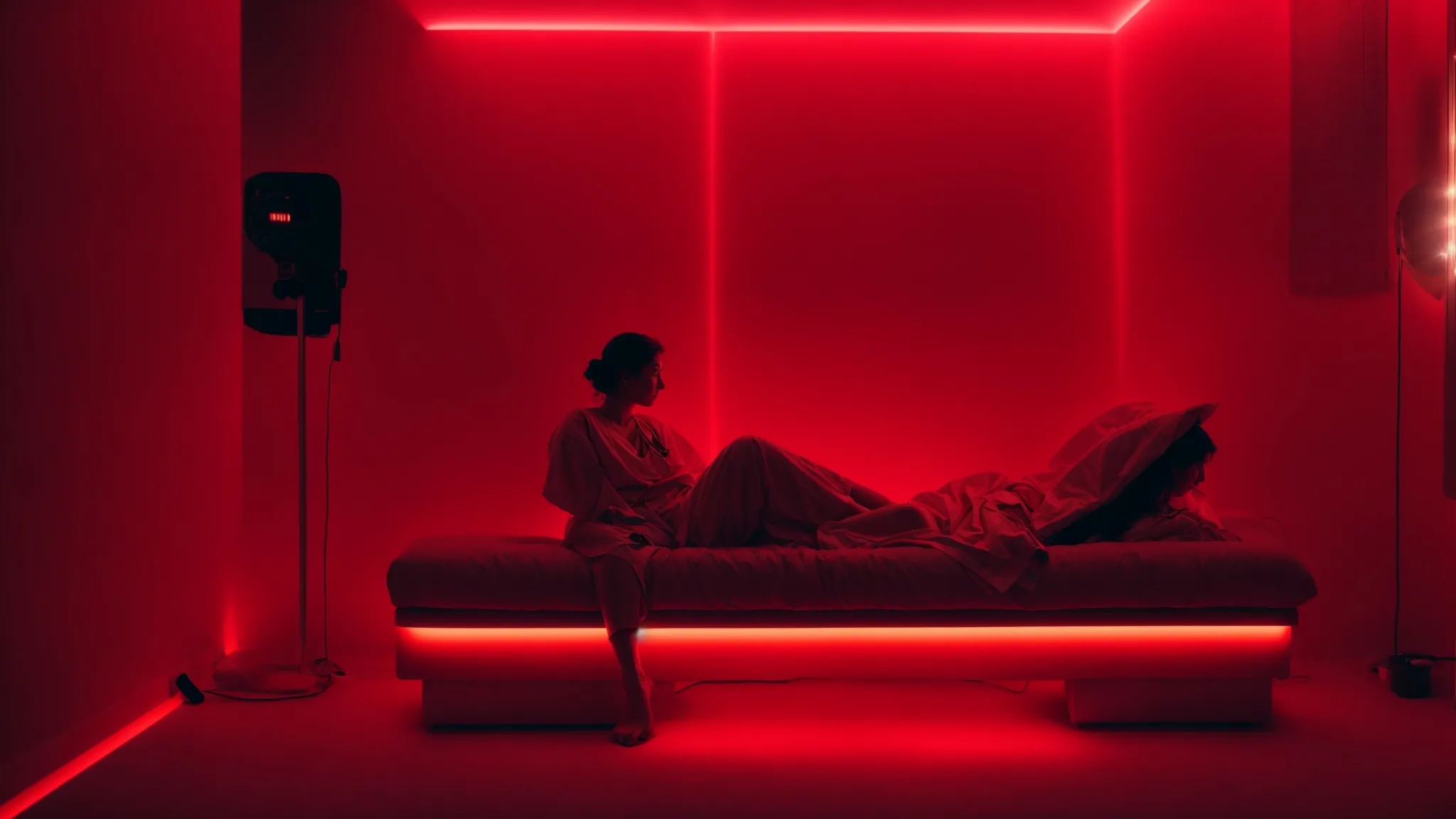 a room illuminated by the soothing glow of a red light therapy device, with a person visibly relaxed as they undergo treatment.