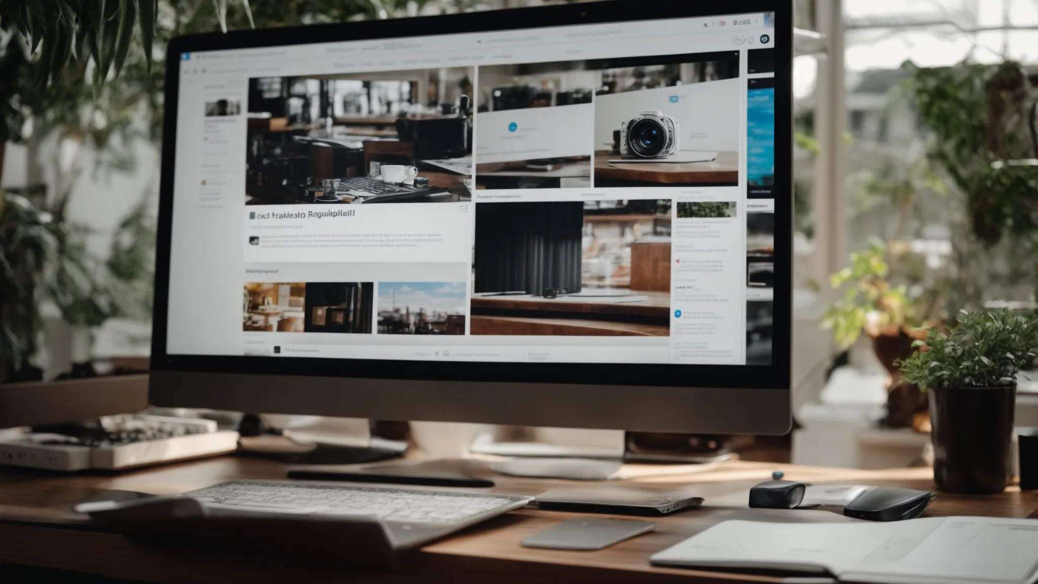 a computer screen displays various social media platforms while a marketing plan sits beside it.