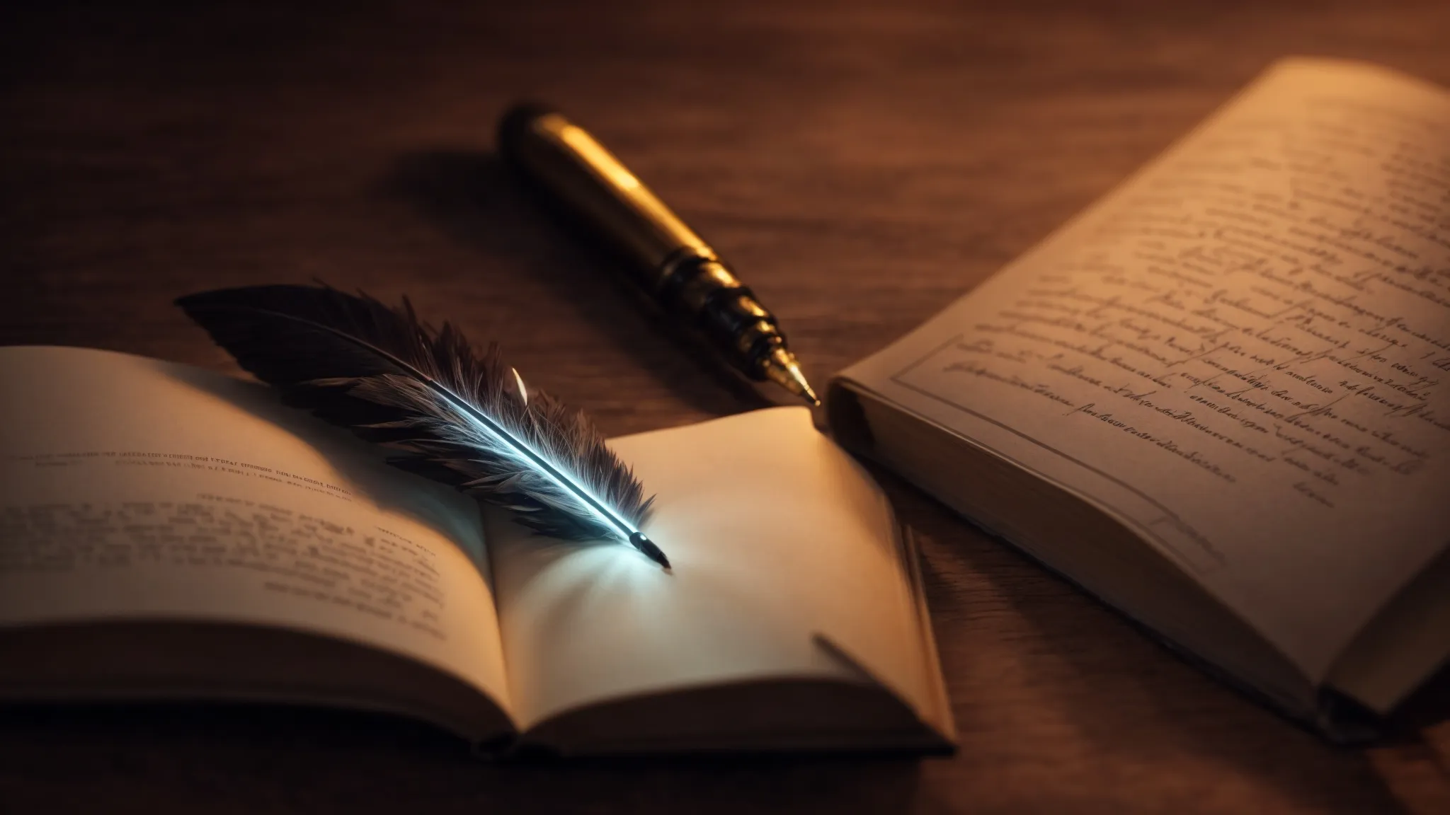 a quill pen rests on a glowing digital tablet displaying an open book, symbolizing the blend of traditional storytelling with modern technology.