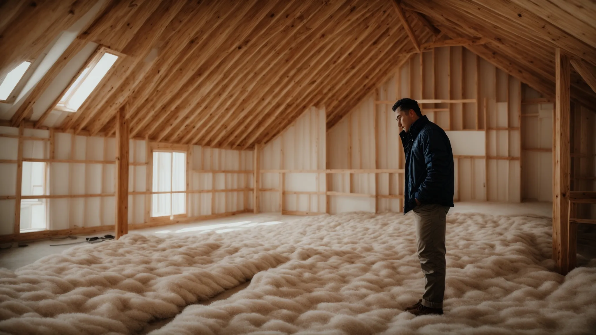 a professional inspects the expansive spread of insulation in a spacious, unfinished attic.