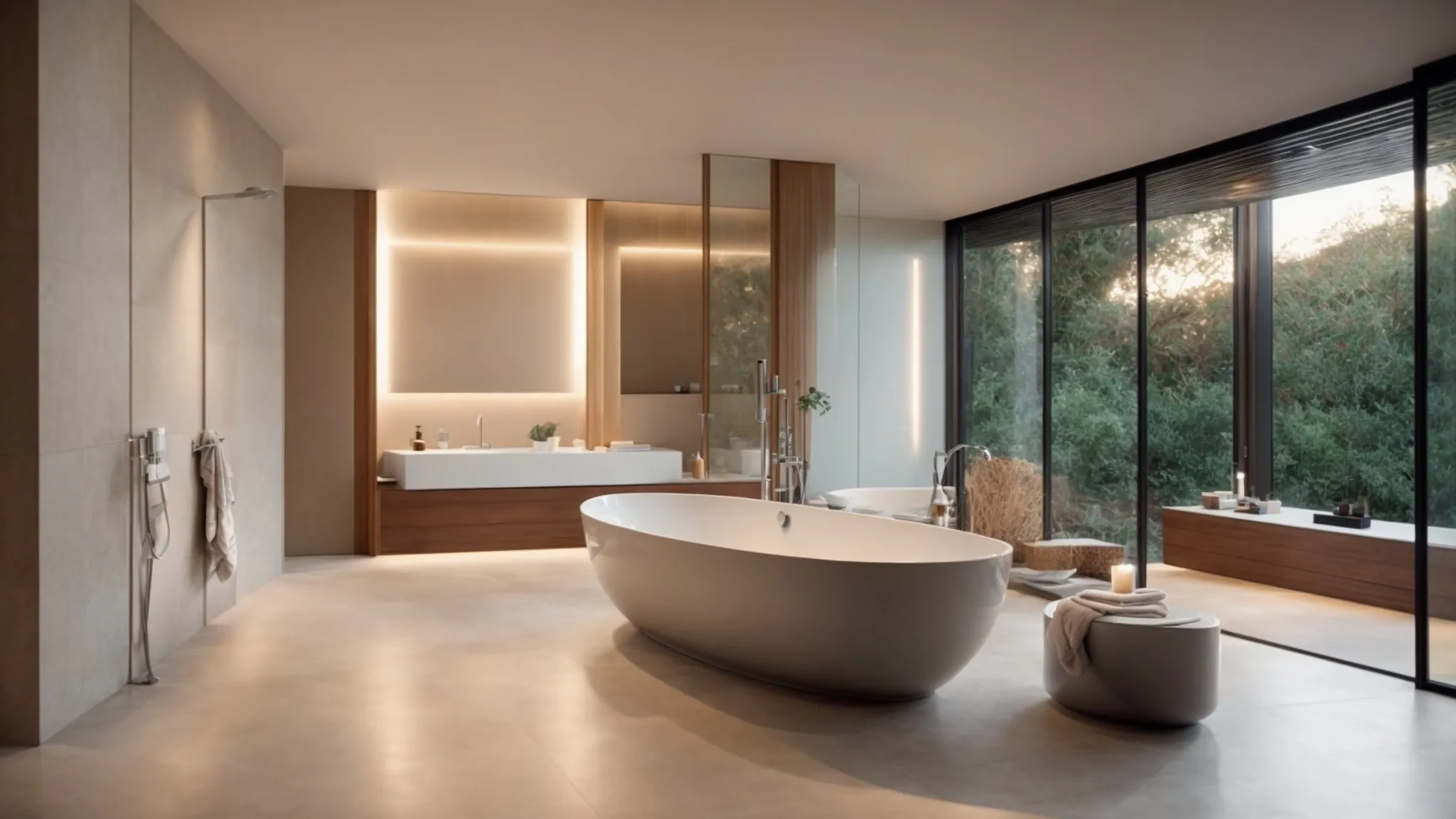 soft, ambient lighting bathes a spacious, elegant bathroom, highlighting a serene freestanding bathtub in a tranquil setting.