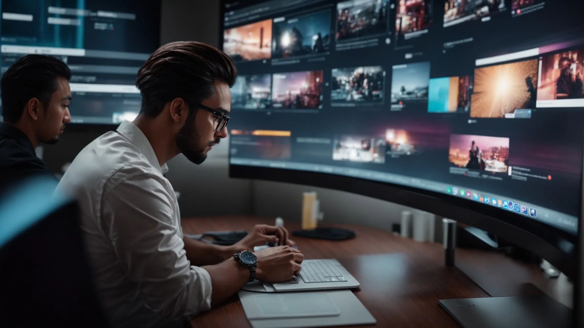 a professional at a sleek, modern desk interacts with a large, vibrant social media interface projected in front of them, symbolizing strategic lead capture.