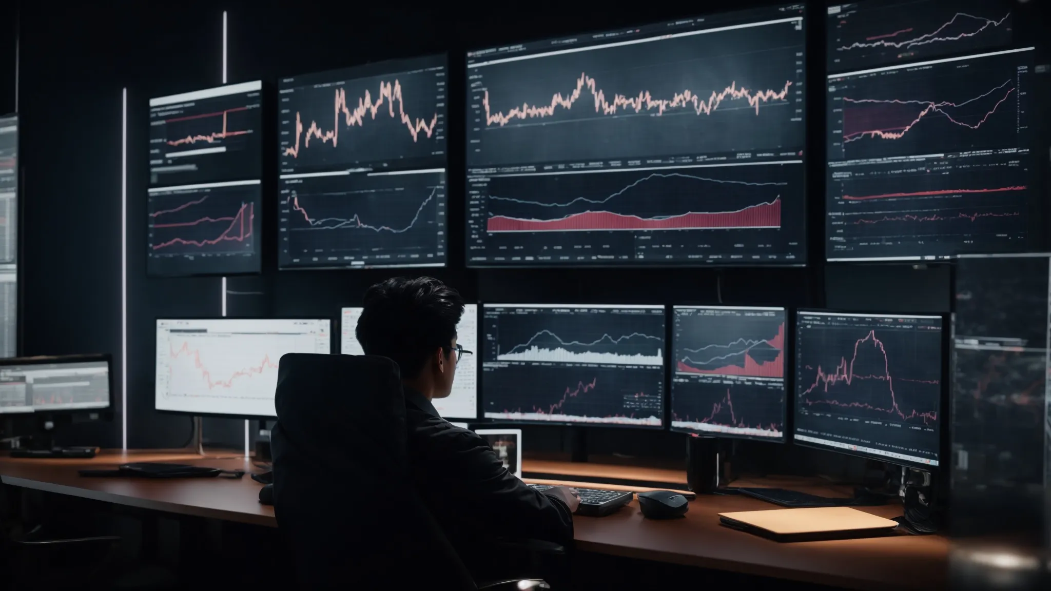 a person sitting at a desk with multiple screens displaying graphs and analytics data.