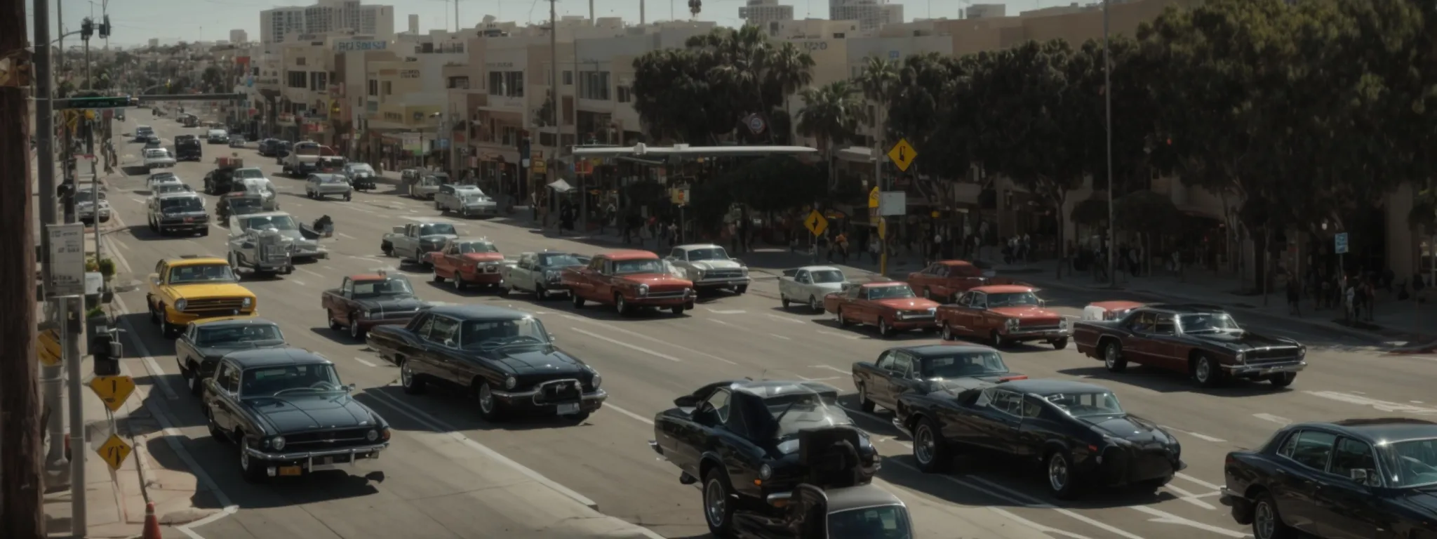 a bustling san diego street view showcasing traffic signals and diverse vehicles at an intersection, with no visible accidents or specific details.