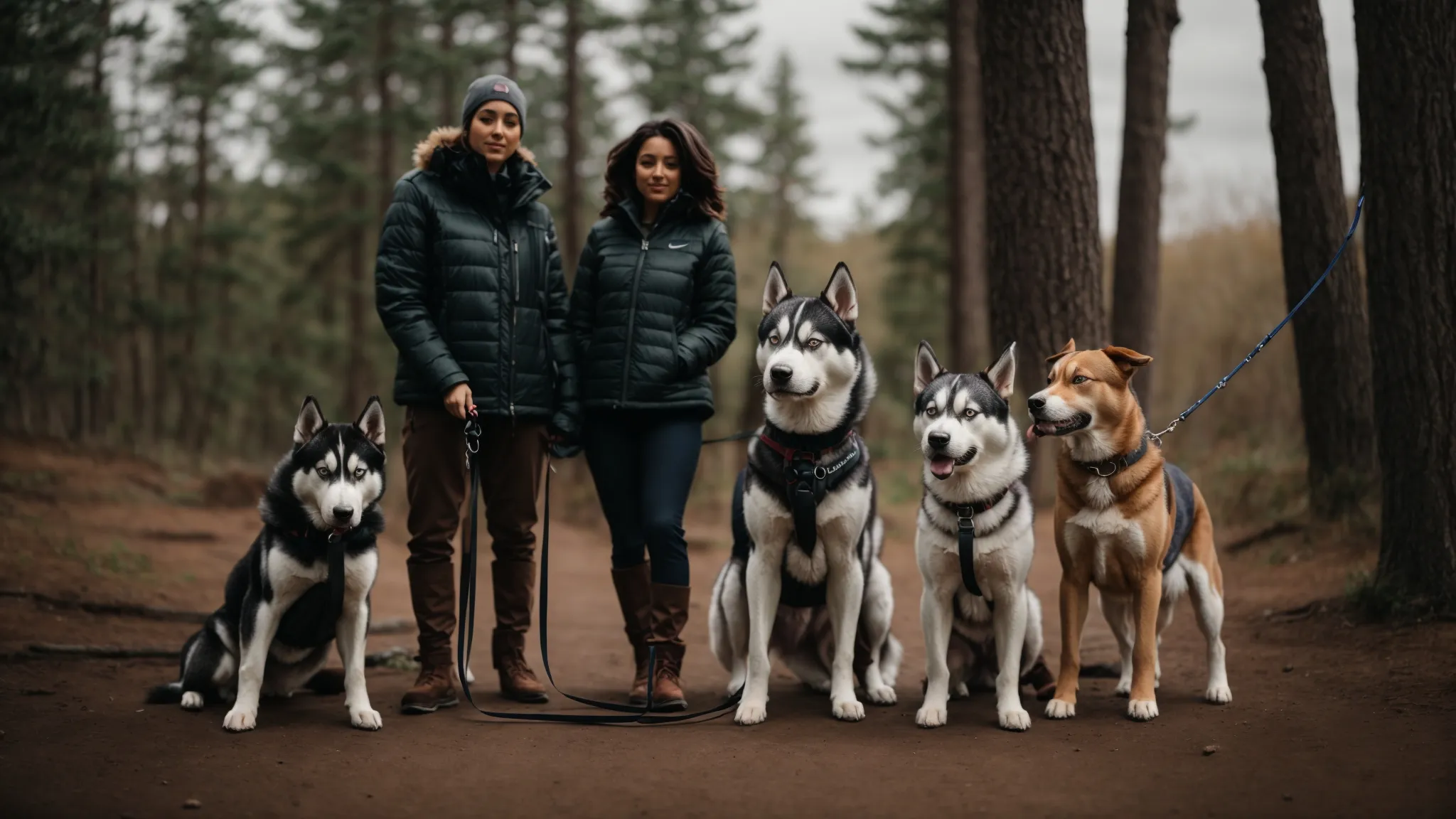 a husky and a pinscher are standing with their owners, each dog sporting a leash perfectly suited to their size and breed.