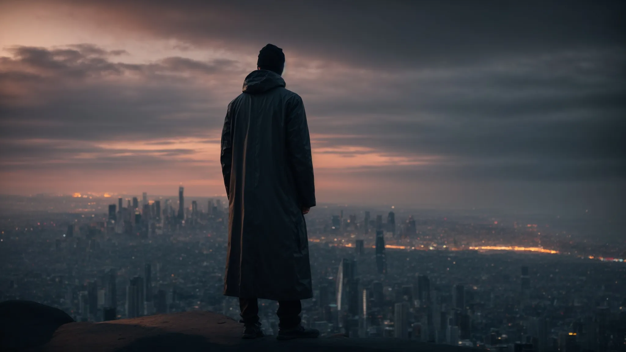 a lone figure stands looking out over a futuristic cityscape at dusk, symbolizing contemplation and vision for progress.