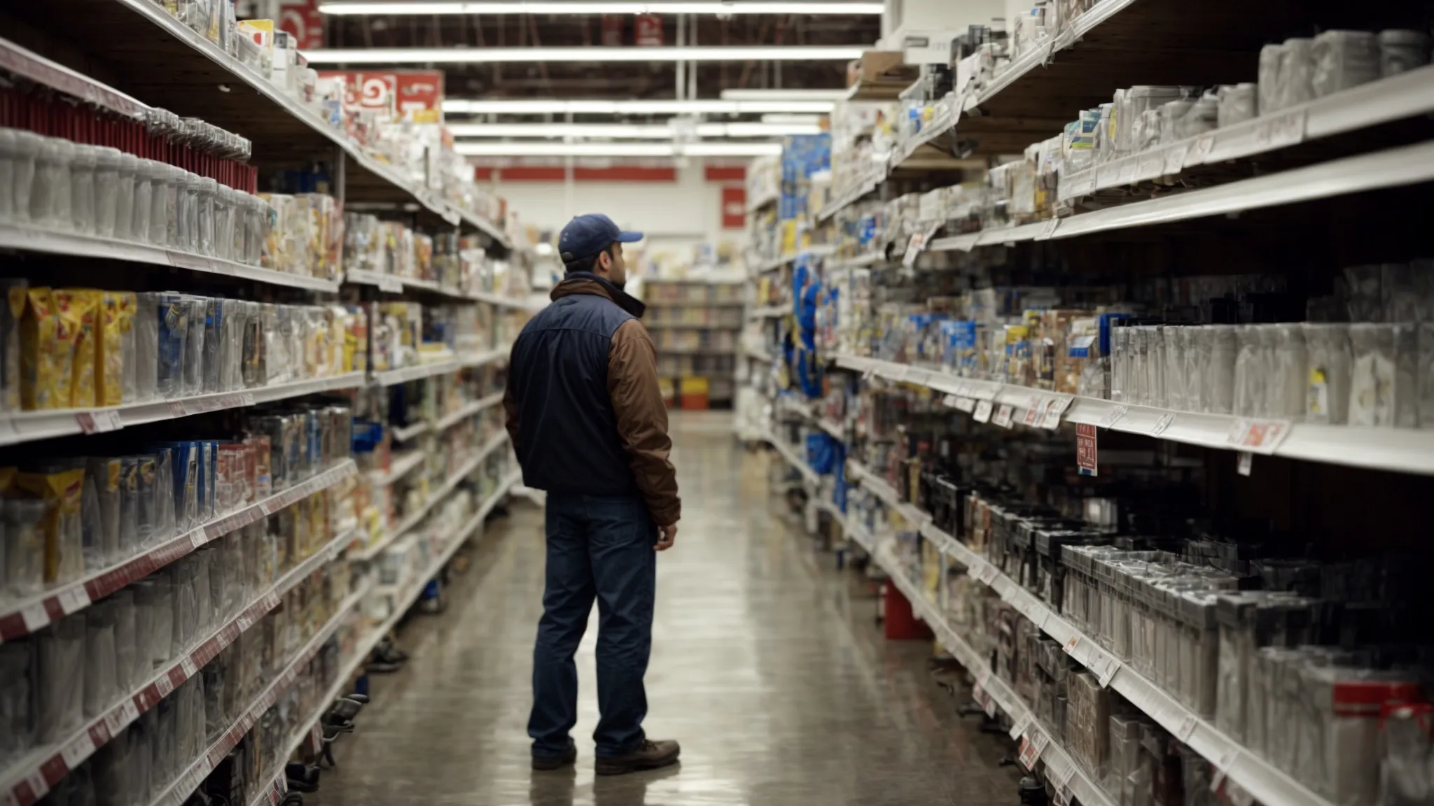 a homeowner stands thoughtfully in an aisle of a hardware store, gazing at shelves stocked with sump pump parts and plumbing tools, while a professional plumber consults with another client in the background.