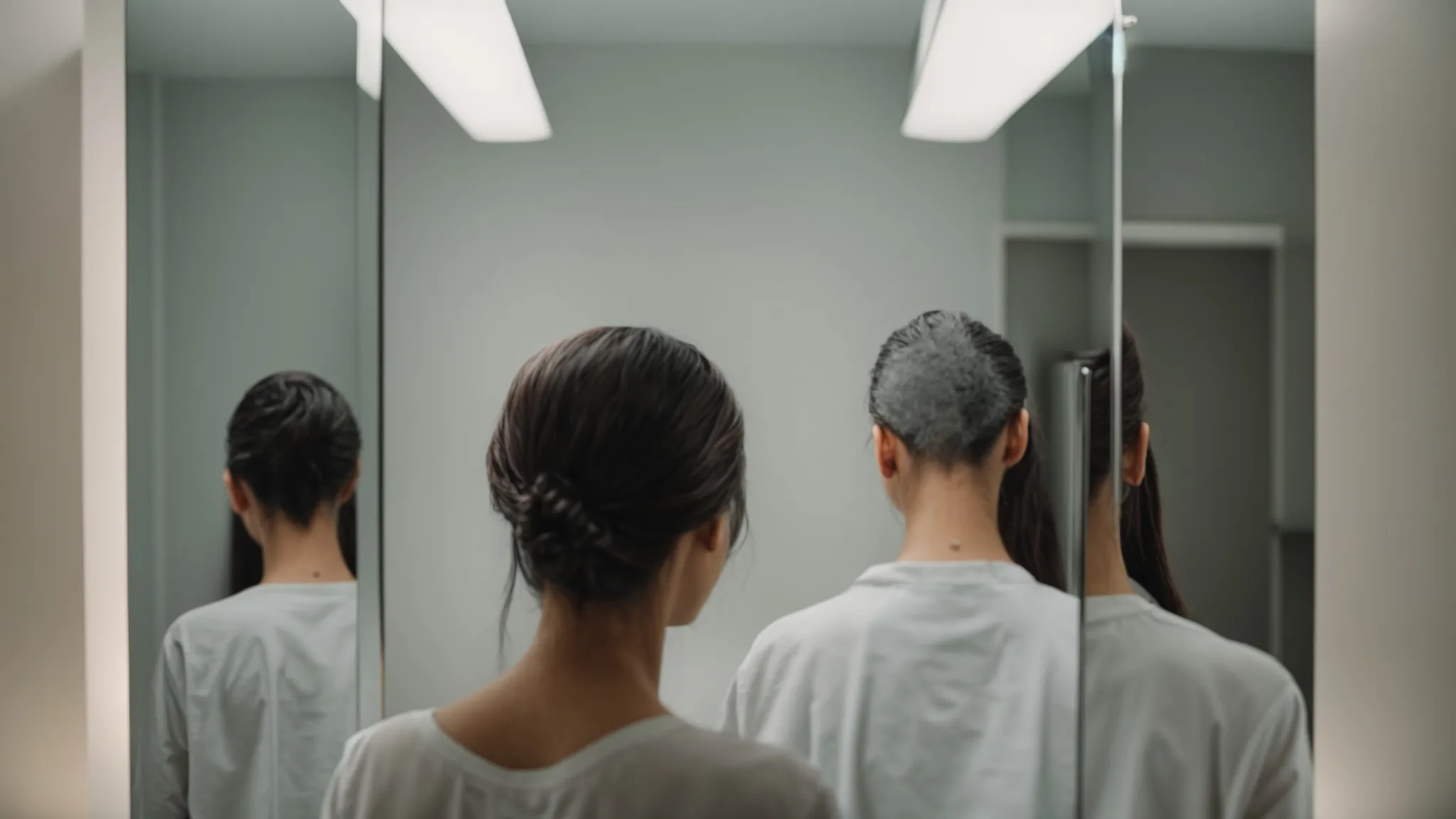 a person stands in front of a mirror, comparing before and after photos of their scalp treatment progress.