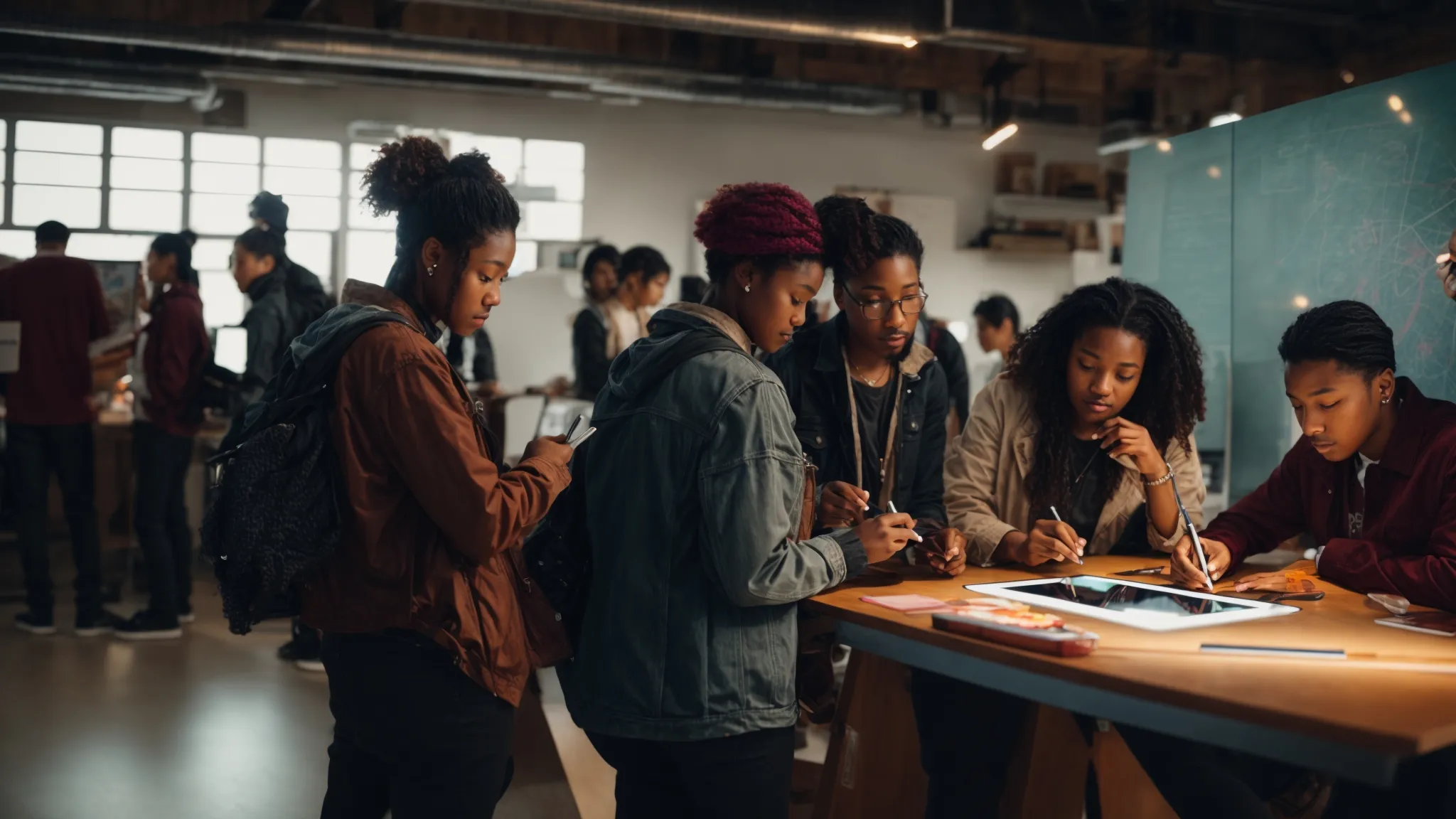 a group of diverse artists collaboratively sketching on a large digital tablet, engrossed in a vibrant brainstorming session.