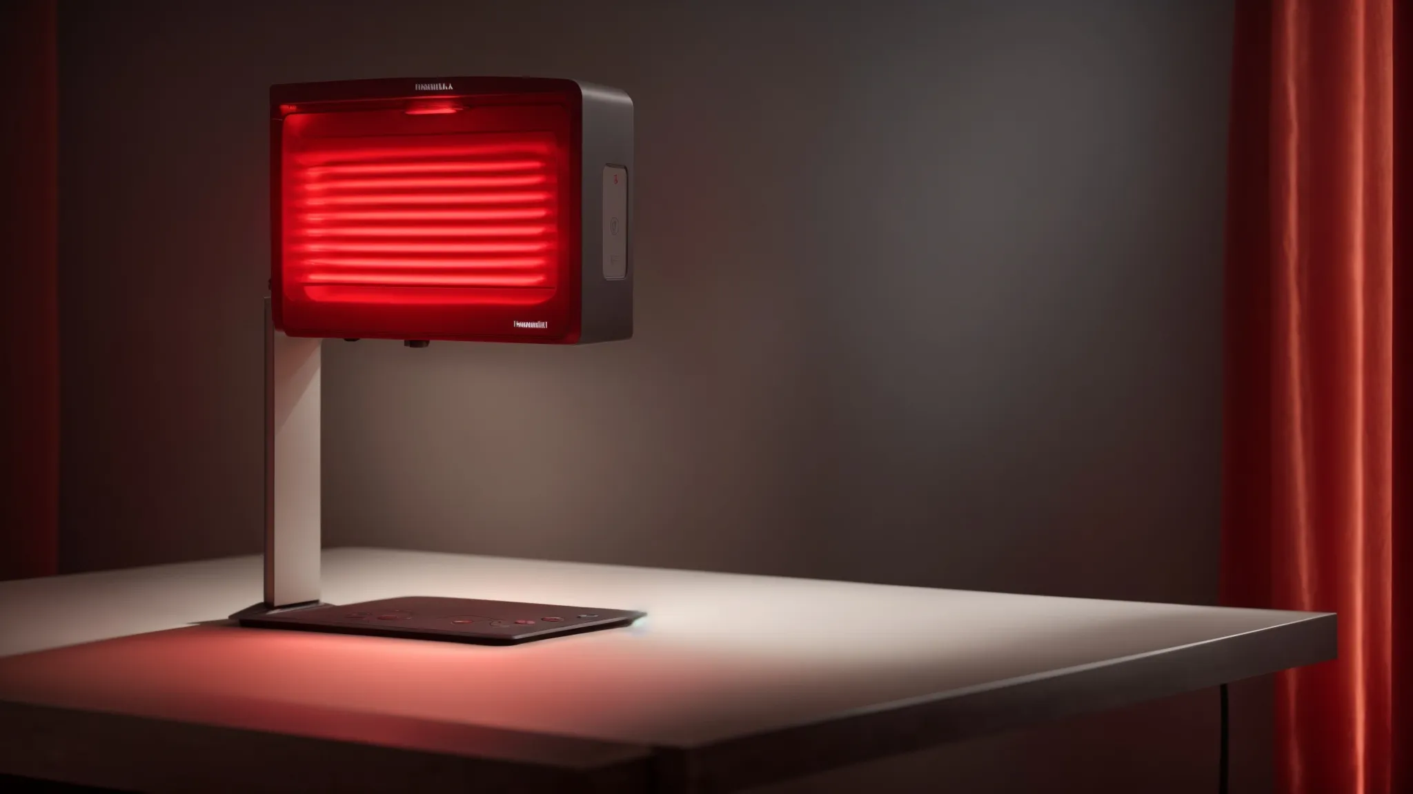 a red light therapy device illuminates a serene, dimly lit room, casting a warm glow over its surroundings.