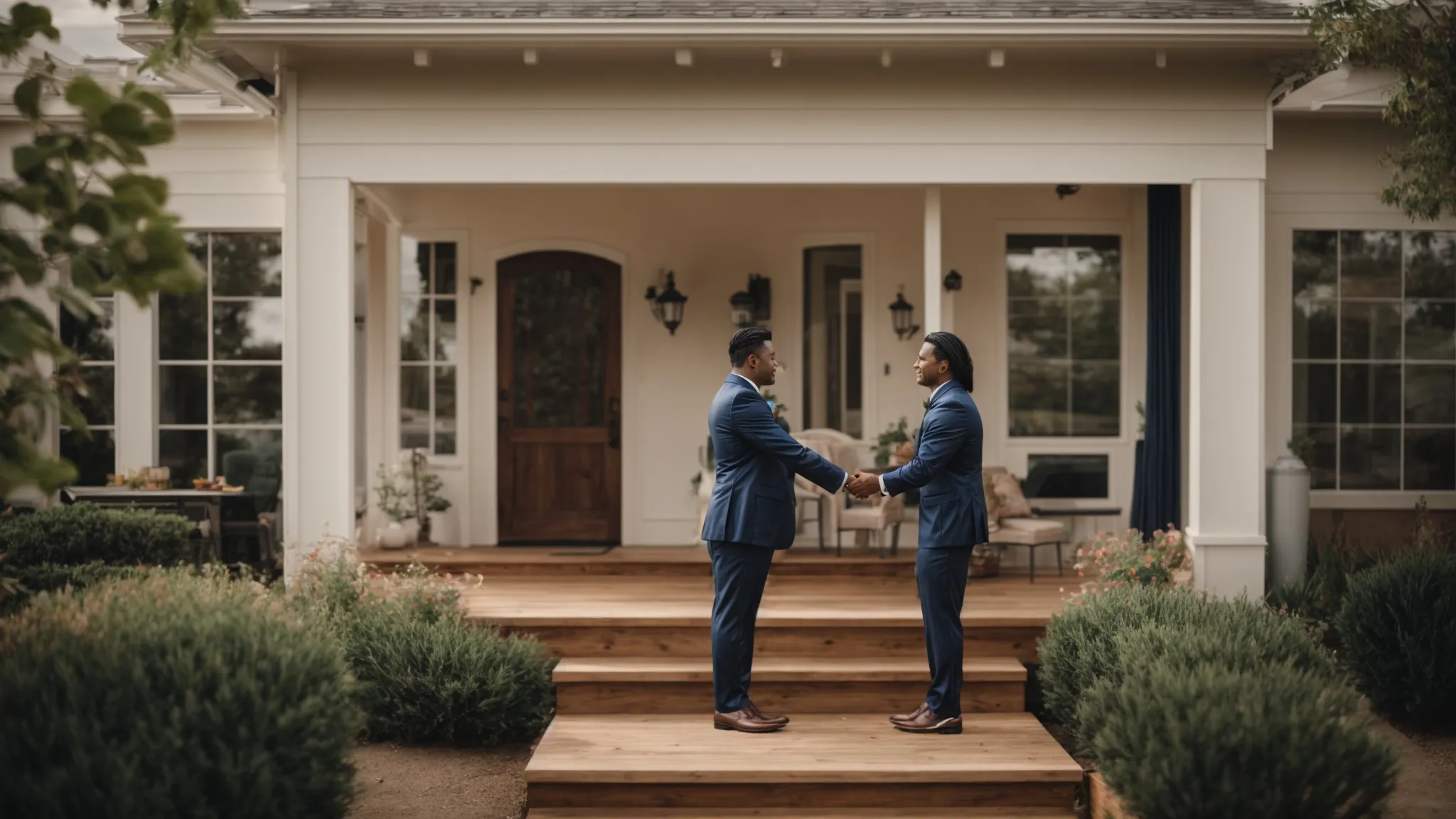 two professionals shaking hands in front of a newly remodeled home, symbolizing the start of a fruitful partnership.