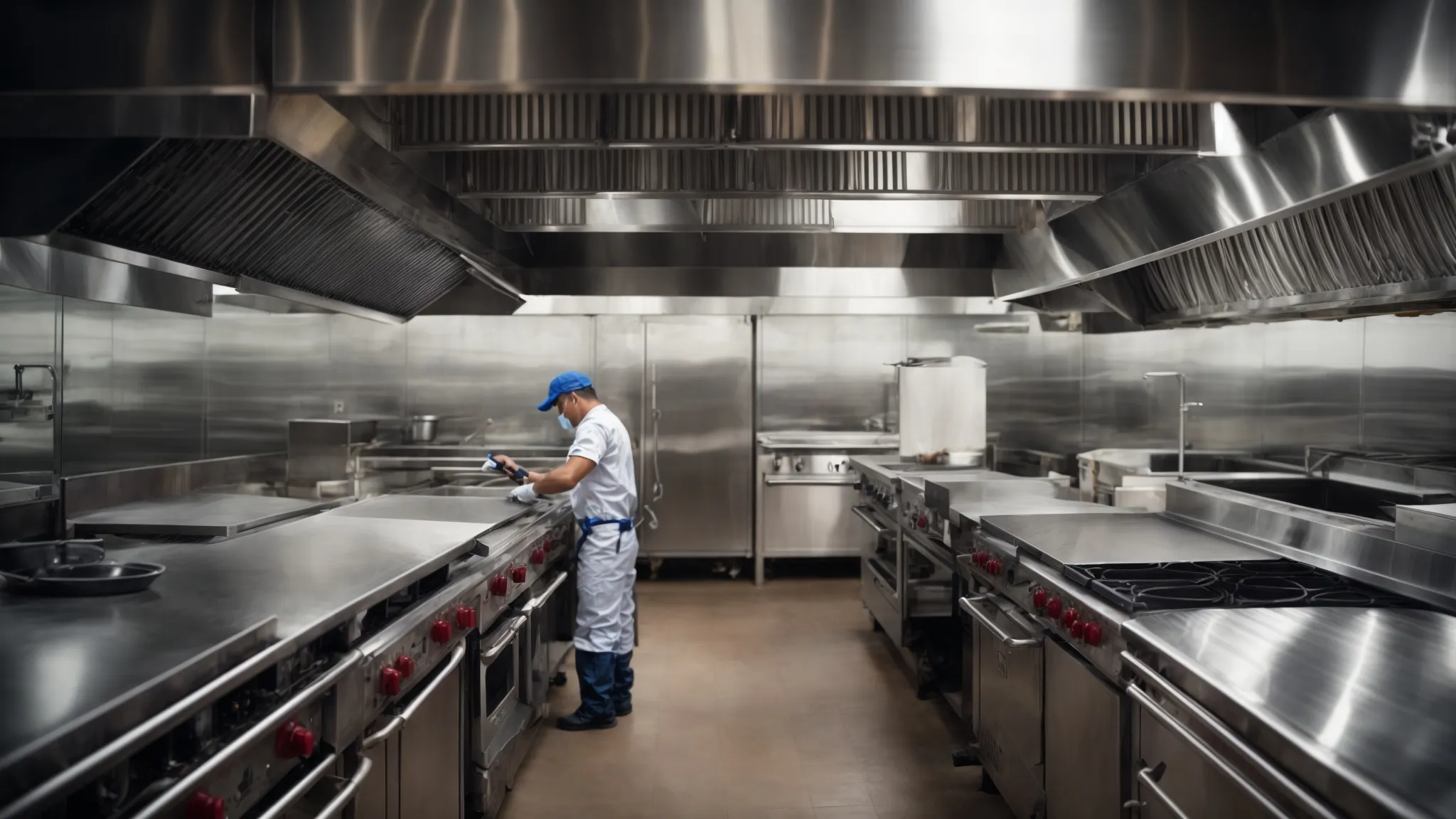 a professional cleaner power-washing the inside of a large commercial kitchen hood, surrounded by stainless steel appliances.