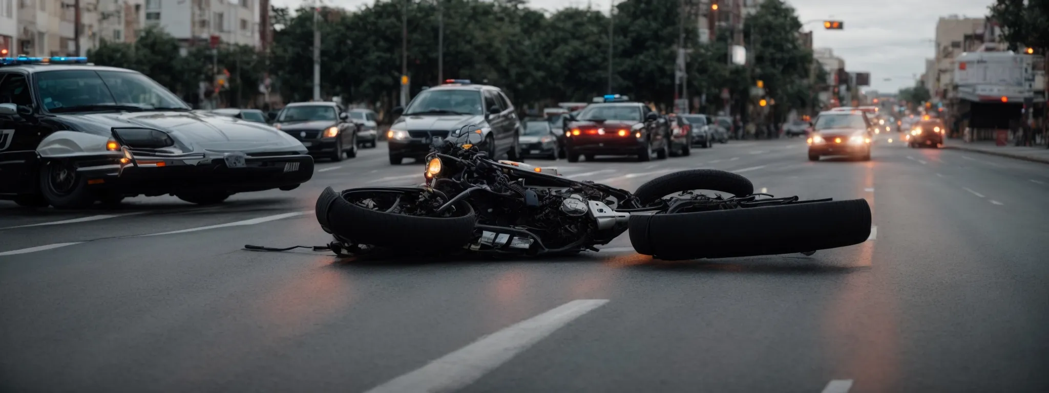 a motorcycle lies on its side near a traffic intersection while a police car with flashing lights blocks the road.
