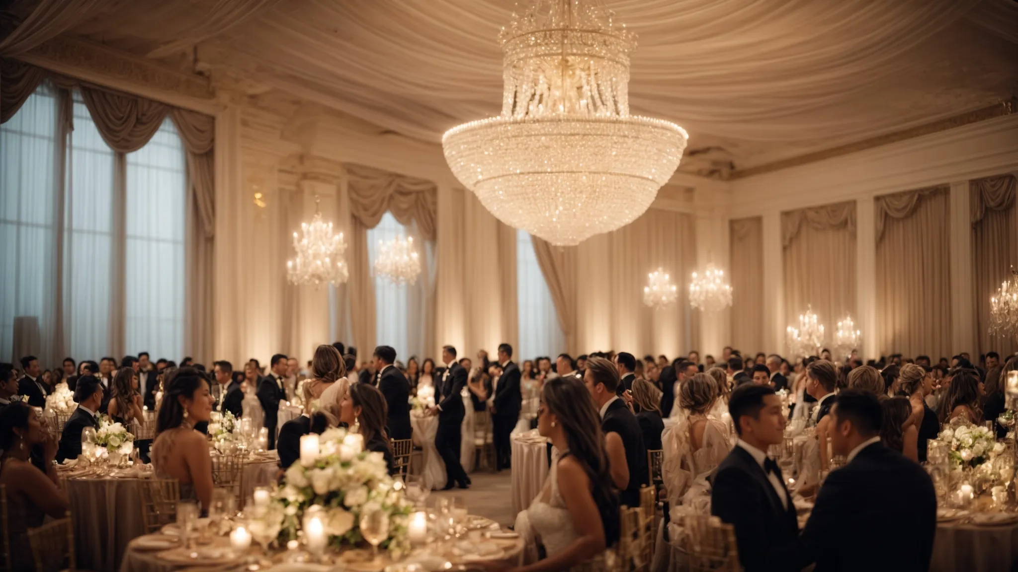 a luxurious ballroom filled with elegantly dressed guests, each engaging in lively conversations under the soft glow of crystal chandeliers.
