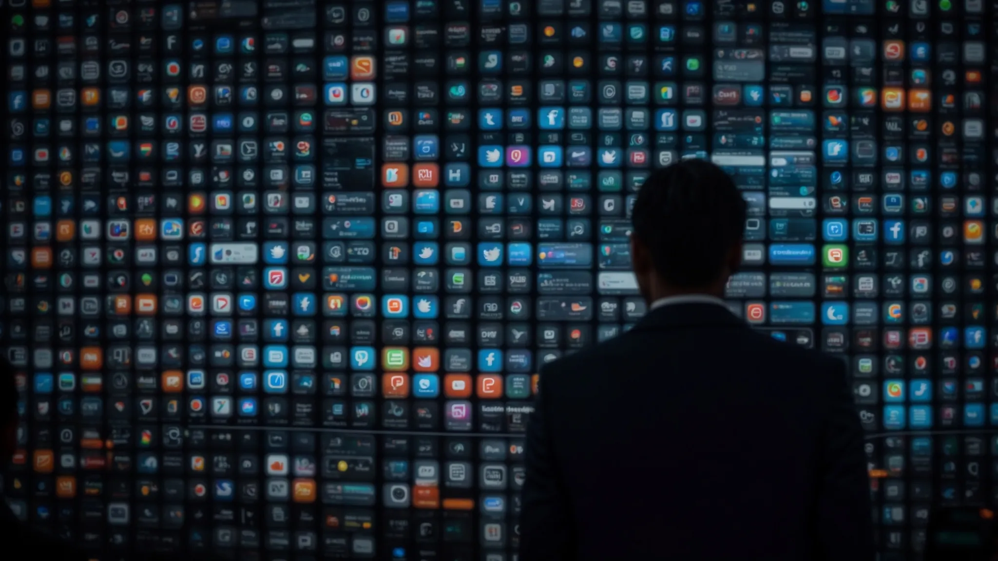 a financial advisor stands in front of a large, glowing screen displaying various social media icons, thoughtfully strategizing their next move.