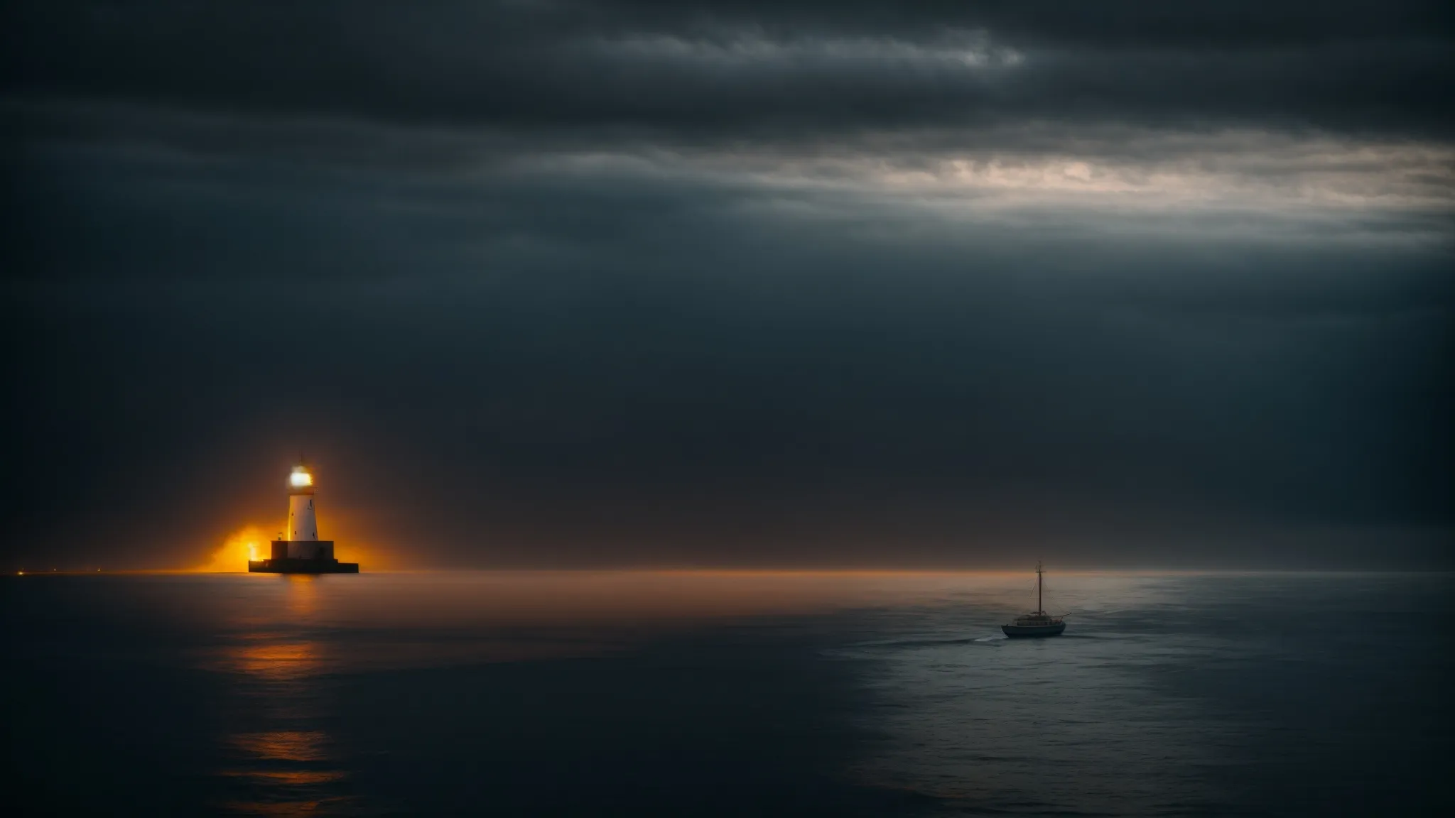 a boat sailing from dark waters towards a glowing lighthouse on a distant shore.