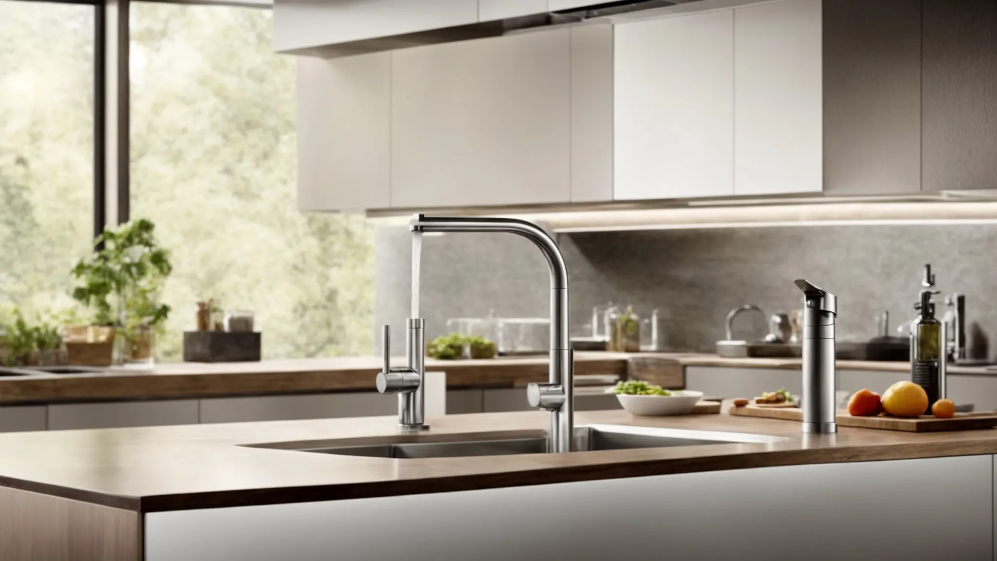 in a modern kitchen, an individual waves their hand over a sensor to activate a faucet, illustrating the seamless integration of touchless technology.