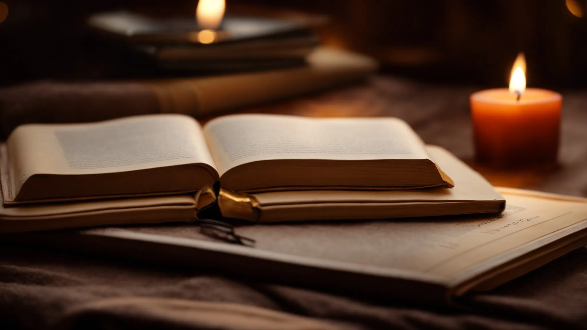 a quill resting on an ancient, open book illuminated by the soft glow of a nearby candle, with a modern digital tablet lying just behind it.
