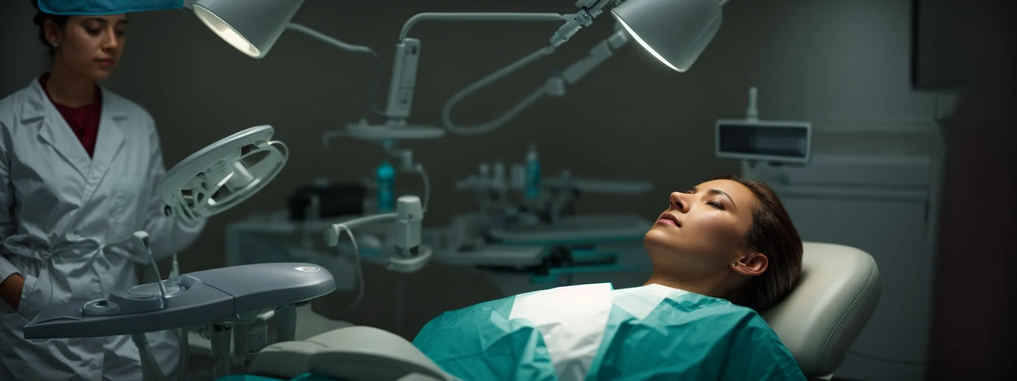 a patient reclines comfortably in a dental chair, while a dentist, illuminated by a focused light, prepares advanced, non-invasive tools for surgery.