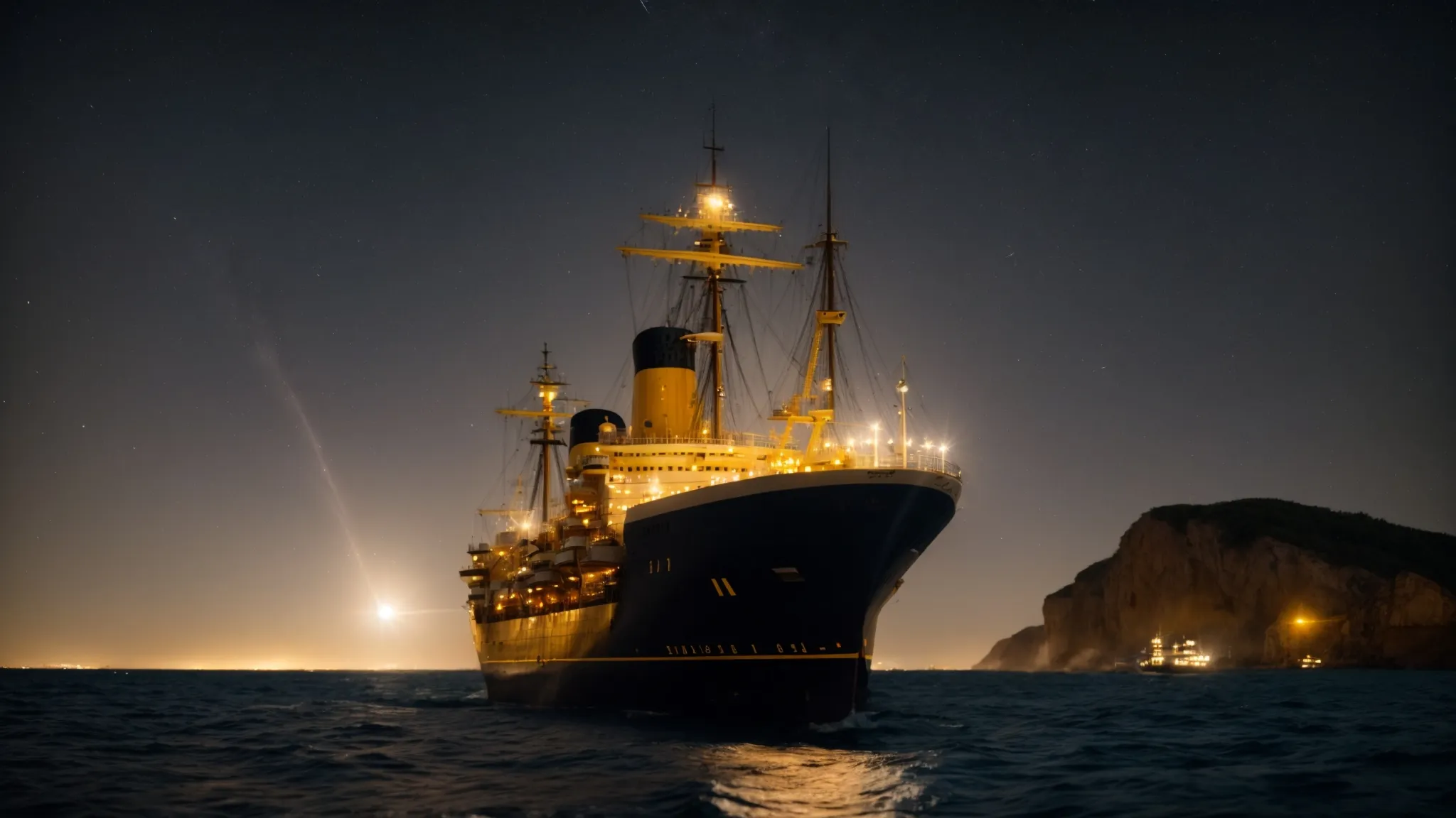 a ship navigates smoothly toward a golden shore under a guiding starlit sky.