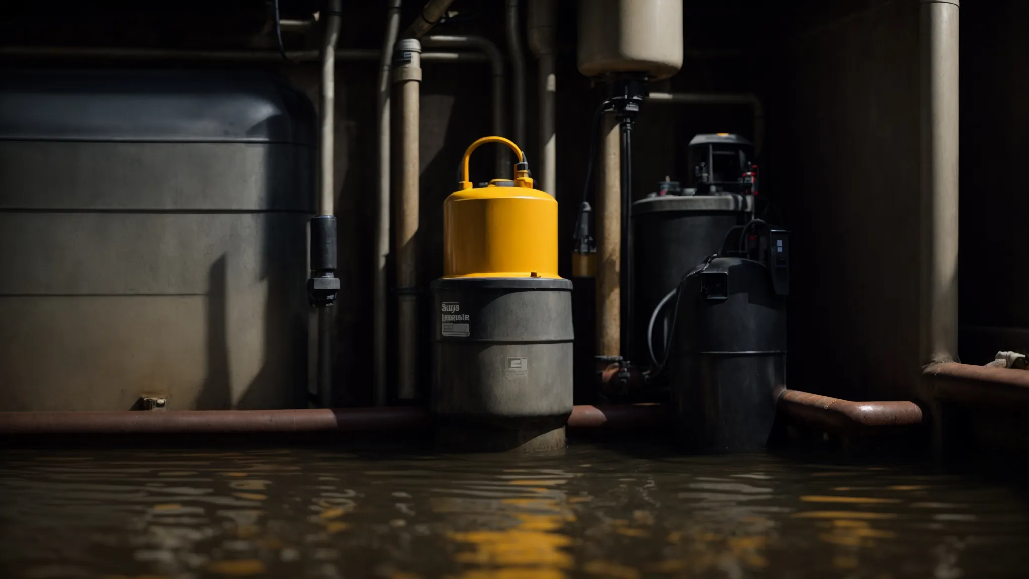 a sturdy sump pump with a robust battery backup sits ready in a dry basement, awaiting its duty to protect against potential flooding.