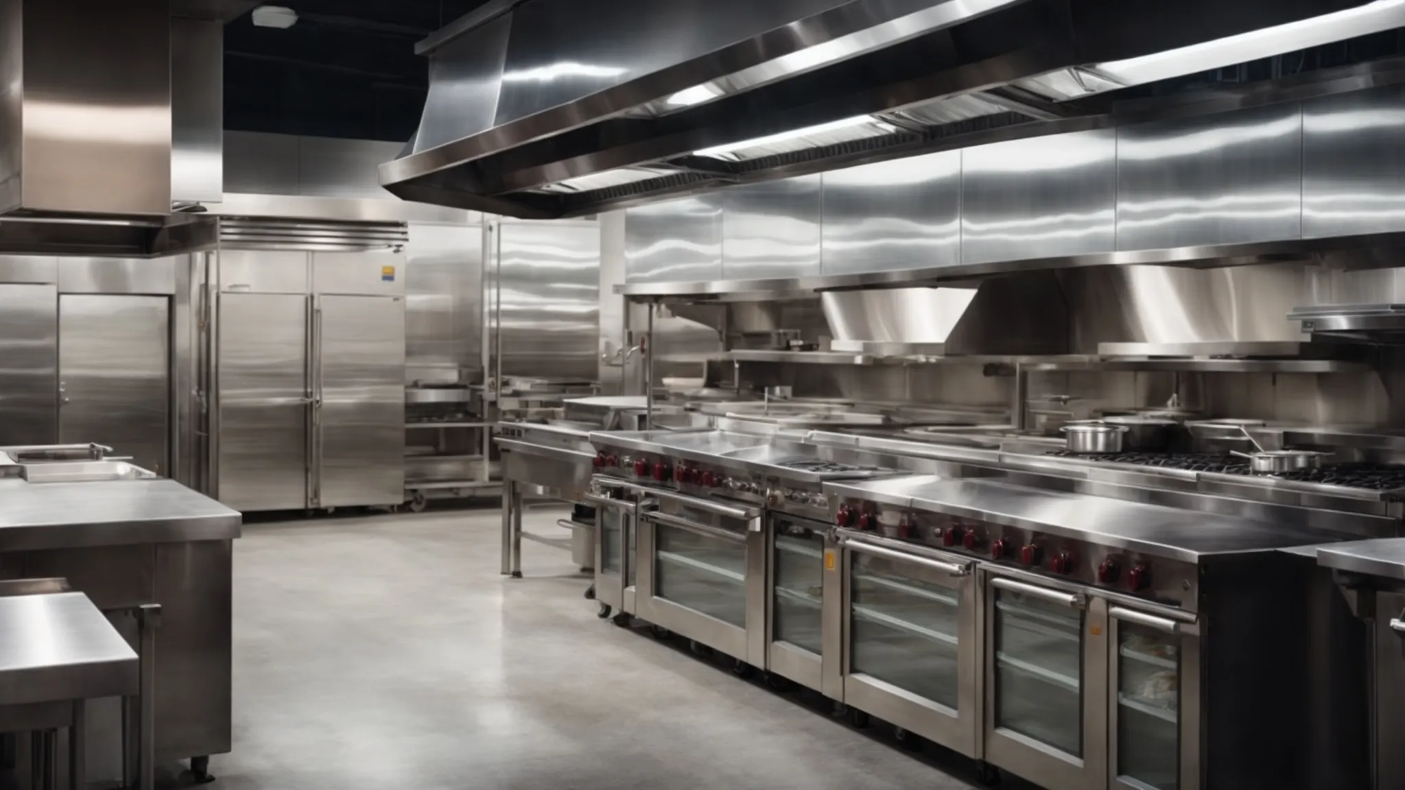 a commercial kitchen gleaming under bright lights, with a focus on the expansive, stainless steel hood system.