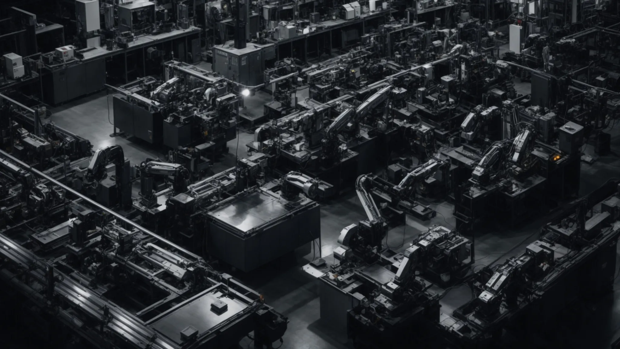 a sprawling factory floor filled with advanced robotic arms assembling products, shadowed by a small group of workers in discussion at one corner.