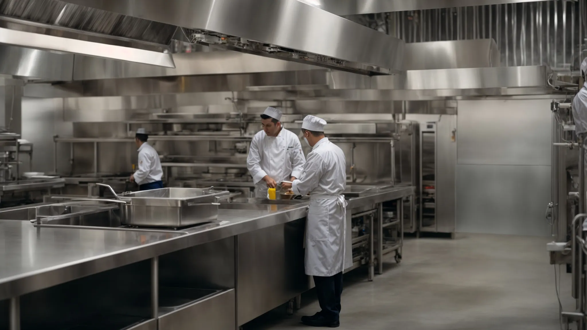 a chef and a professional cleaner inspect a sparkling clean commercial kitchen.