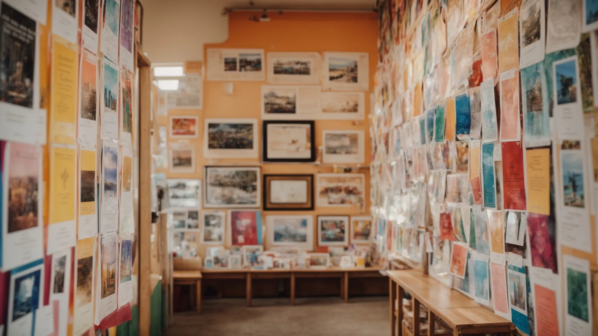 rows of colorful artwork and certificates are displayed on a bright classroom wall, surrounded by small, cheerful decorations.