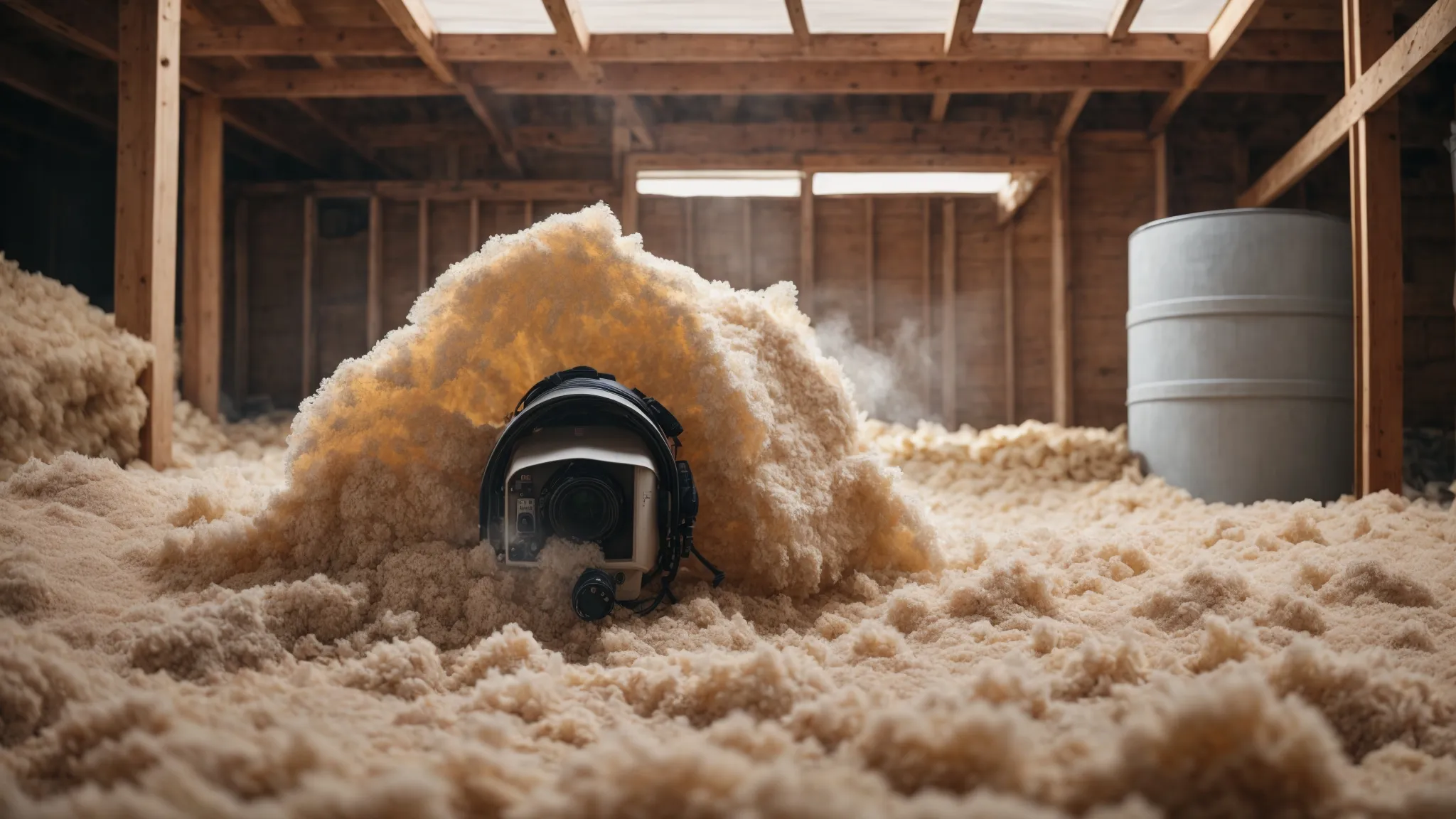 a dusty attic filled with insulation material and a filtration mask lying atop it, symbolizing air quality concerns.